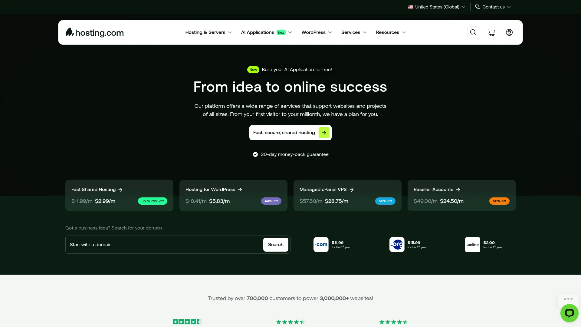 Hosting.com dedicated server hosting homepage