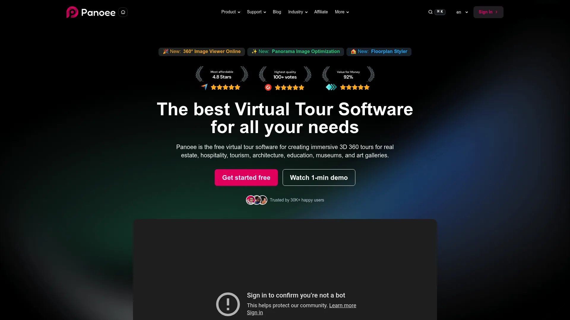Panoee virtual tour software homepage