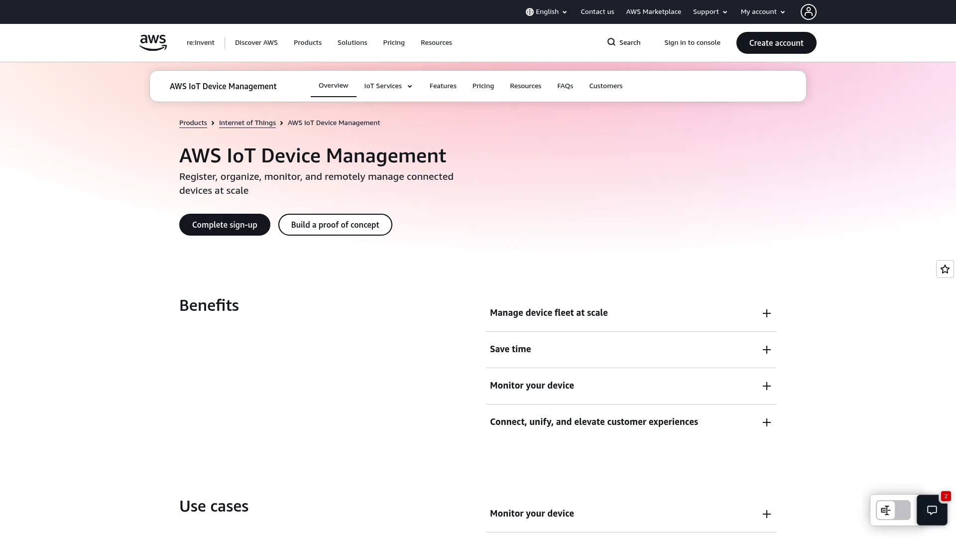 AWS IoT Device Management console for fleet onboarding and monitoring