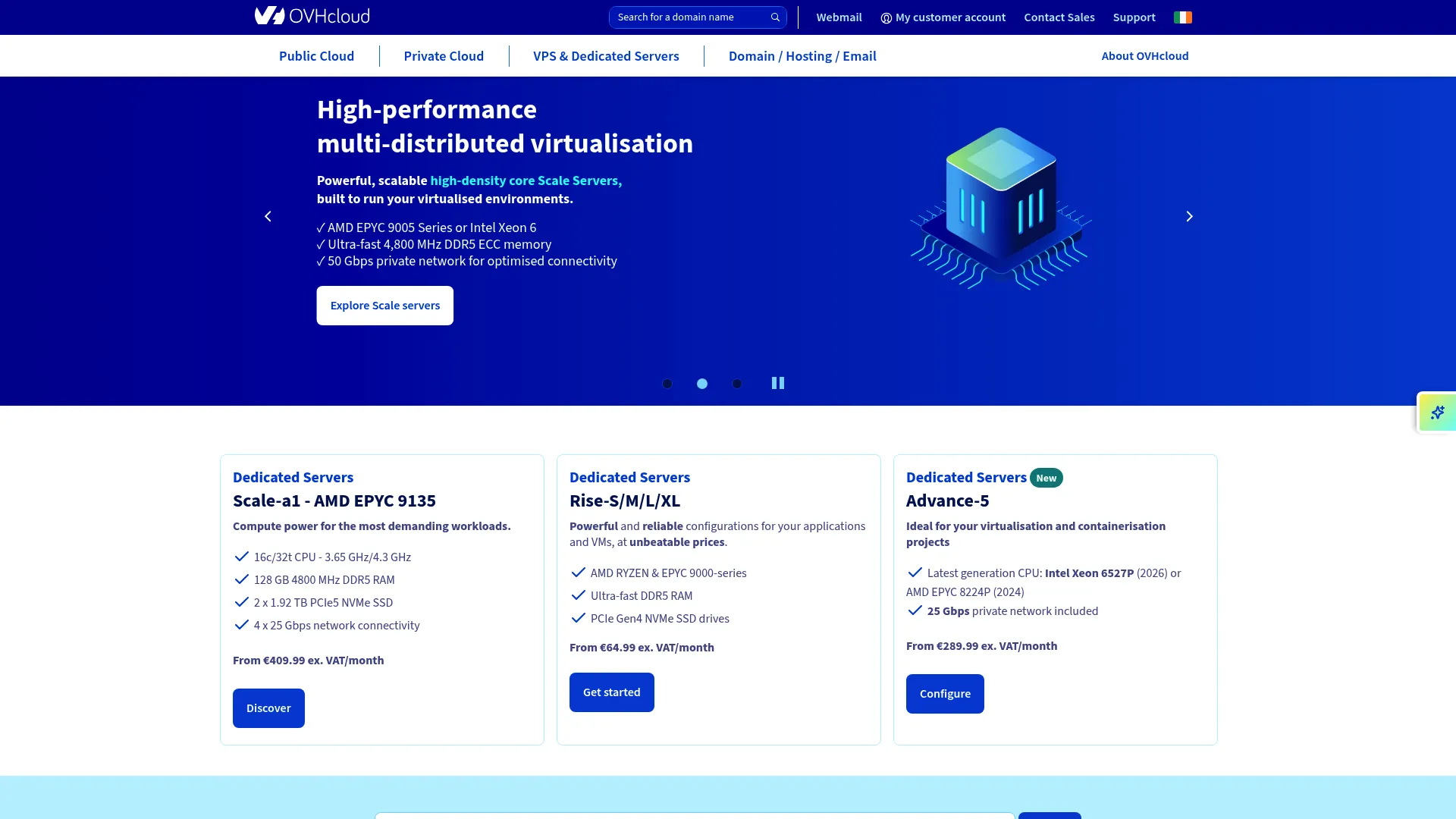 OVHcloud homepage showing cloud and VPS hosting services