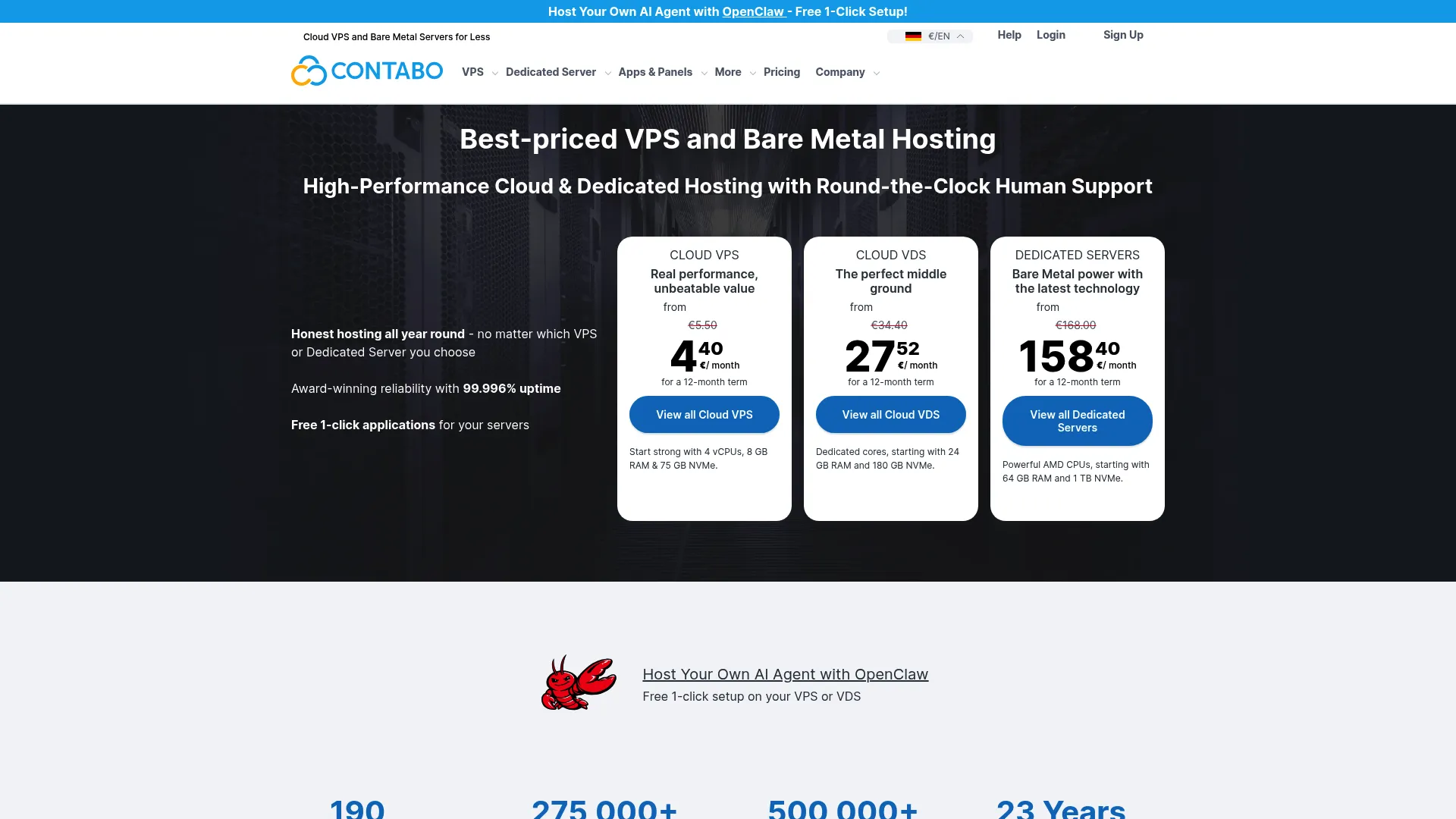 Contabo homepage showing VPS and cloud server pricing