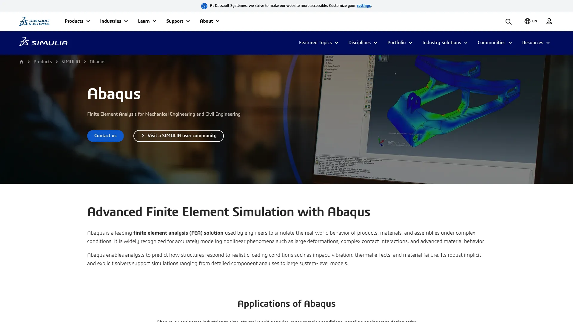 Abaqus nonlinear finite element analysis software homepage
