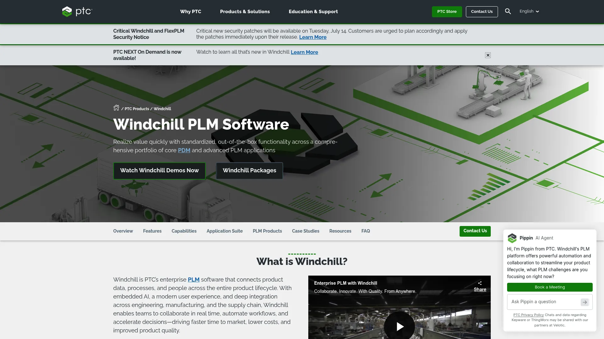PTC Windchill enterprise PLM homepage
