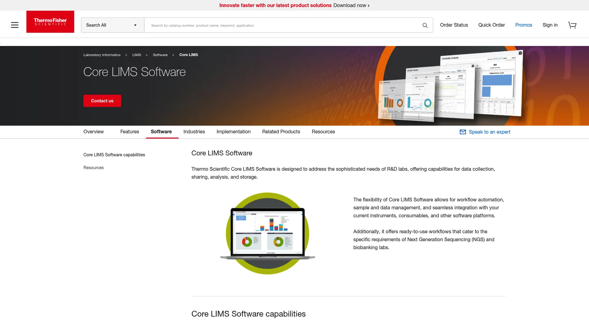 Thermo Scientific Core LIMS Software page screenshot