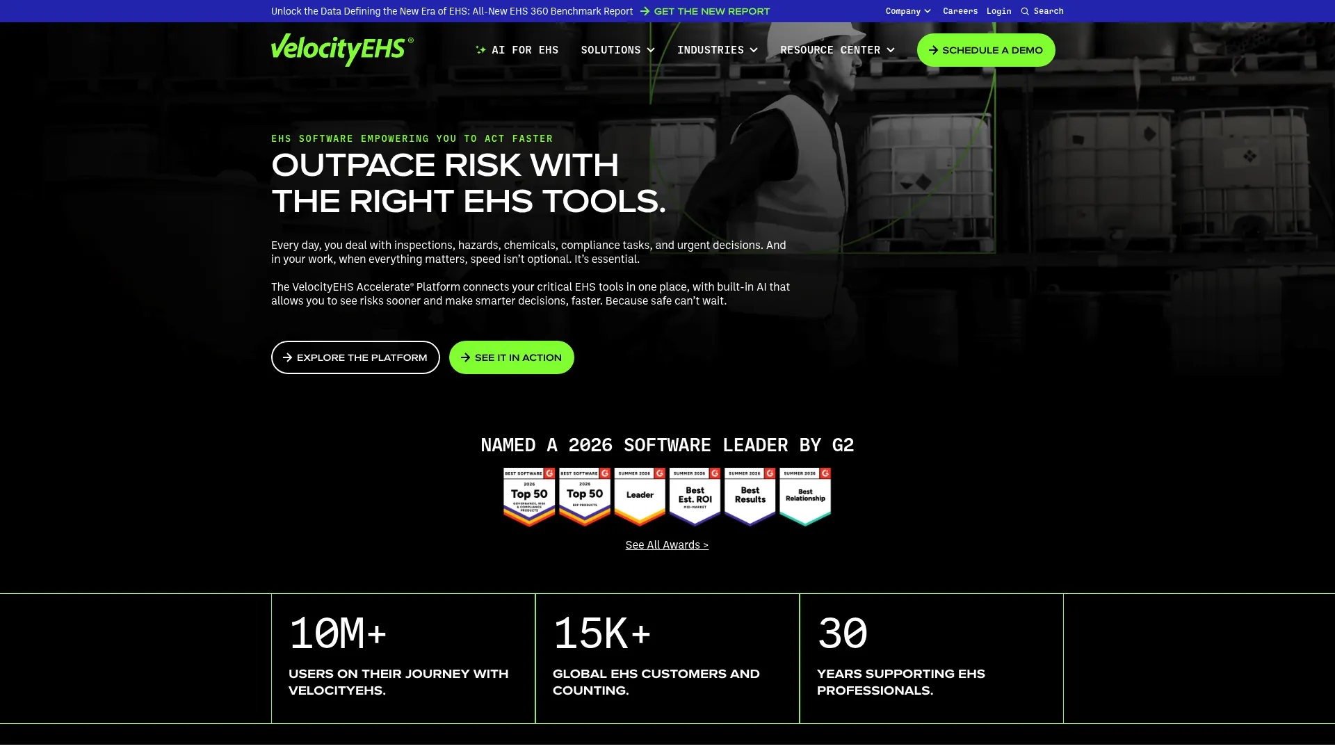 VelocityEHS homepage showing EHS and sustainability software platform