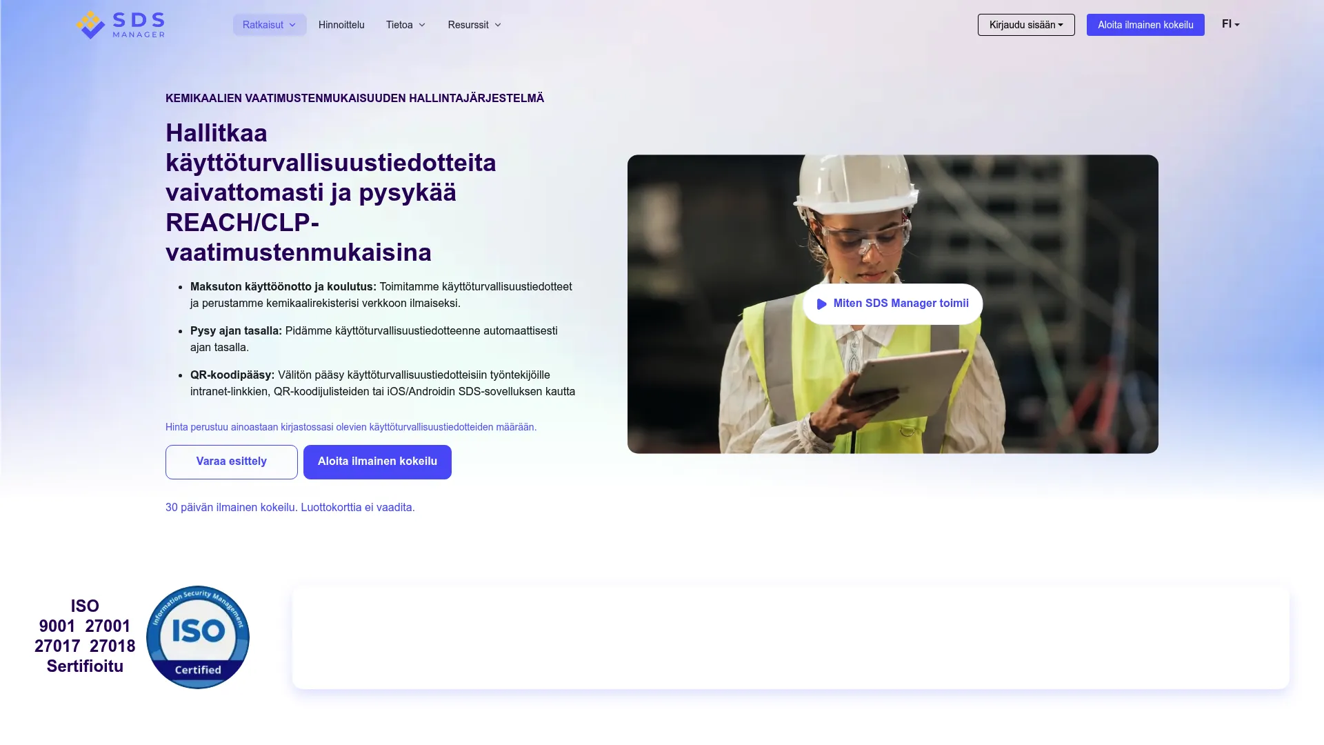 SDS Manager homepage showing safety data sheet management software