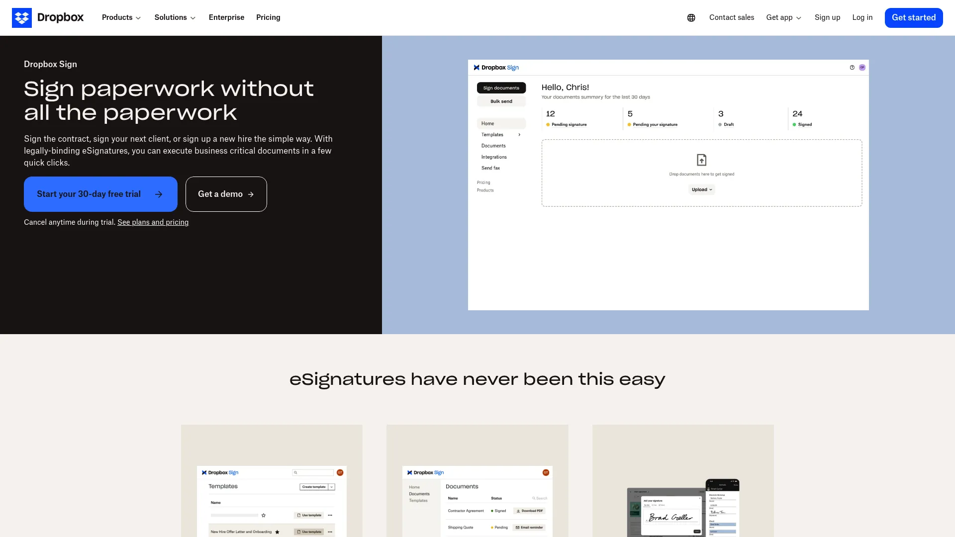 Dropbox Sign e-signature software homepage