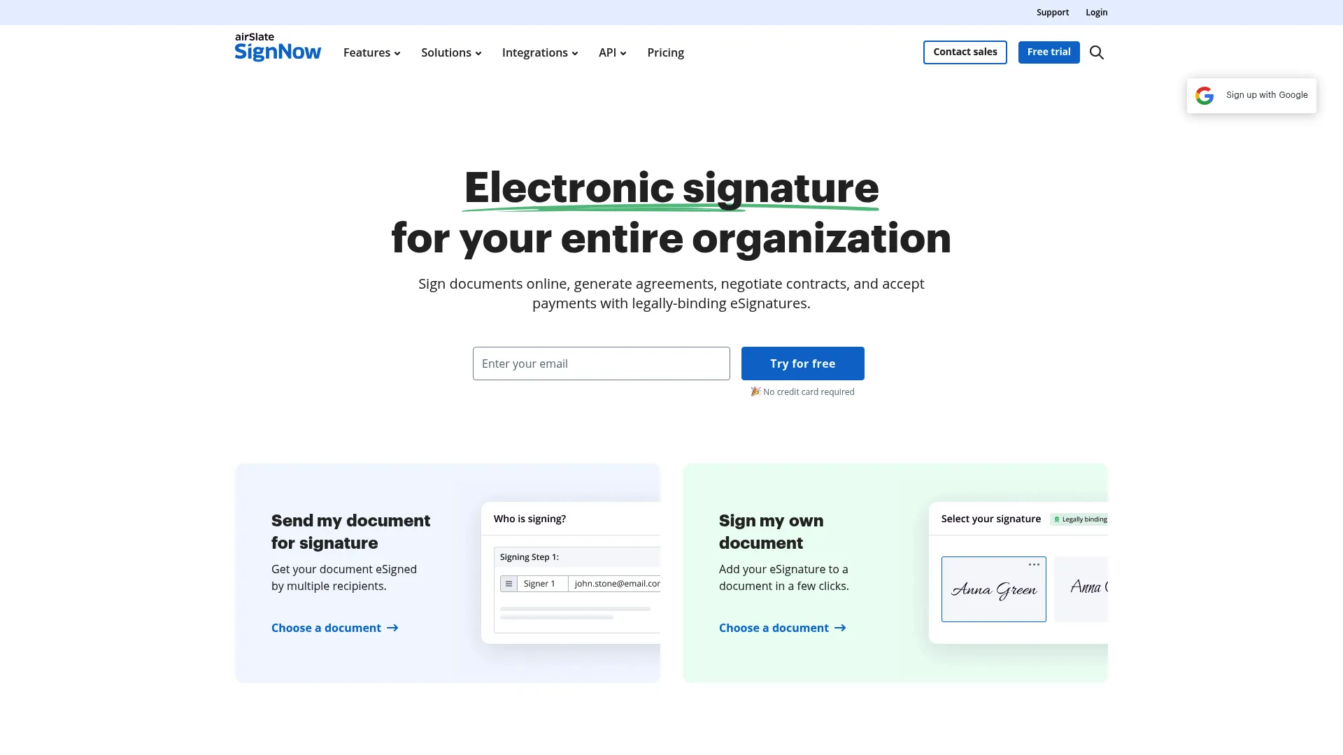 SignNow eSignature and document workflow homepage