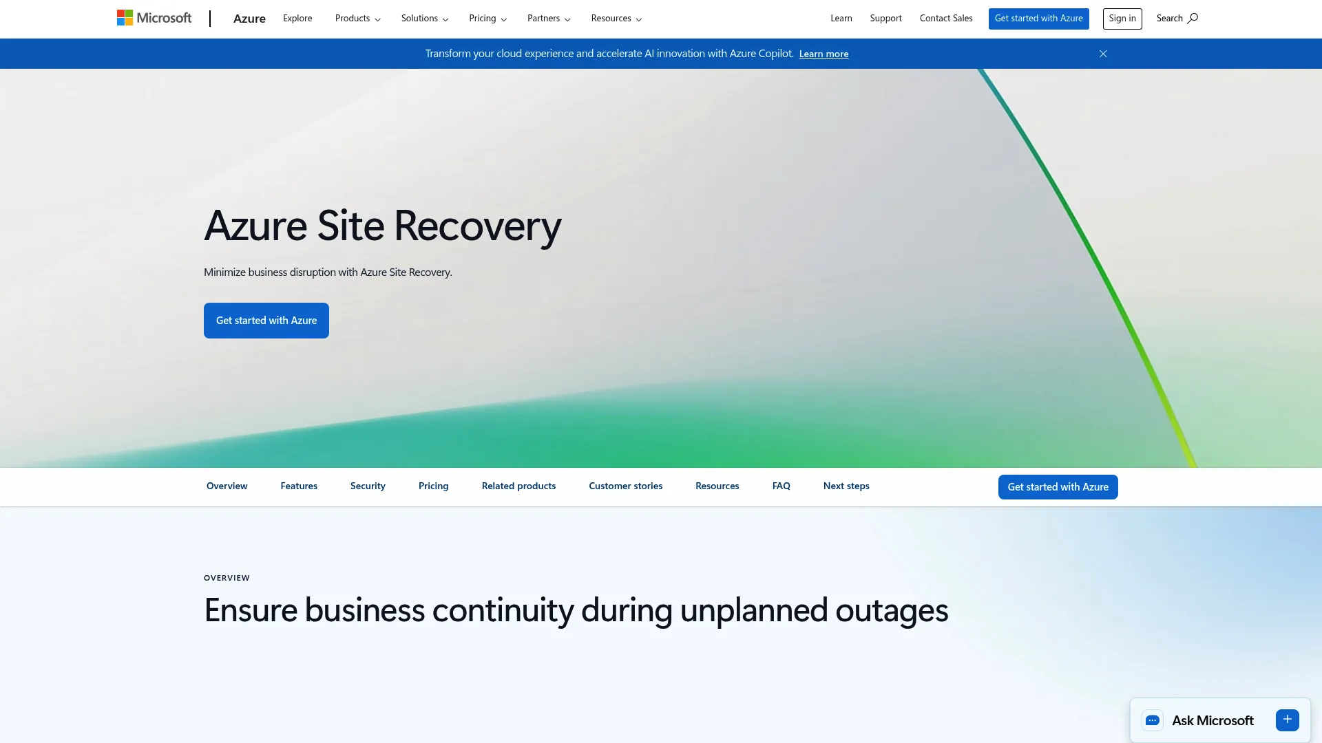 Azure Site Recovery product page