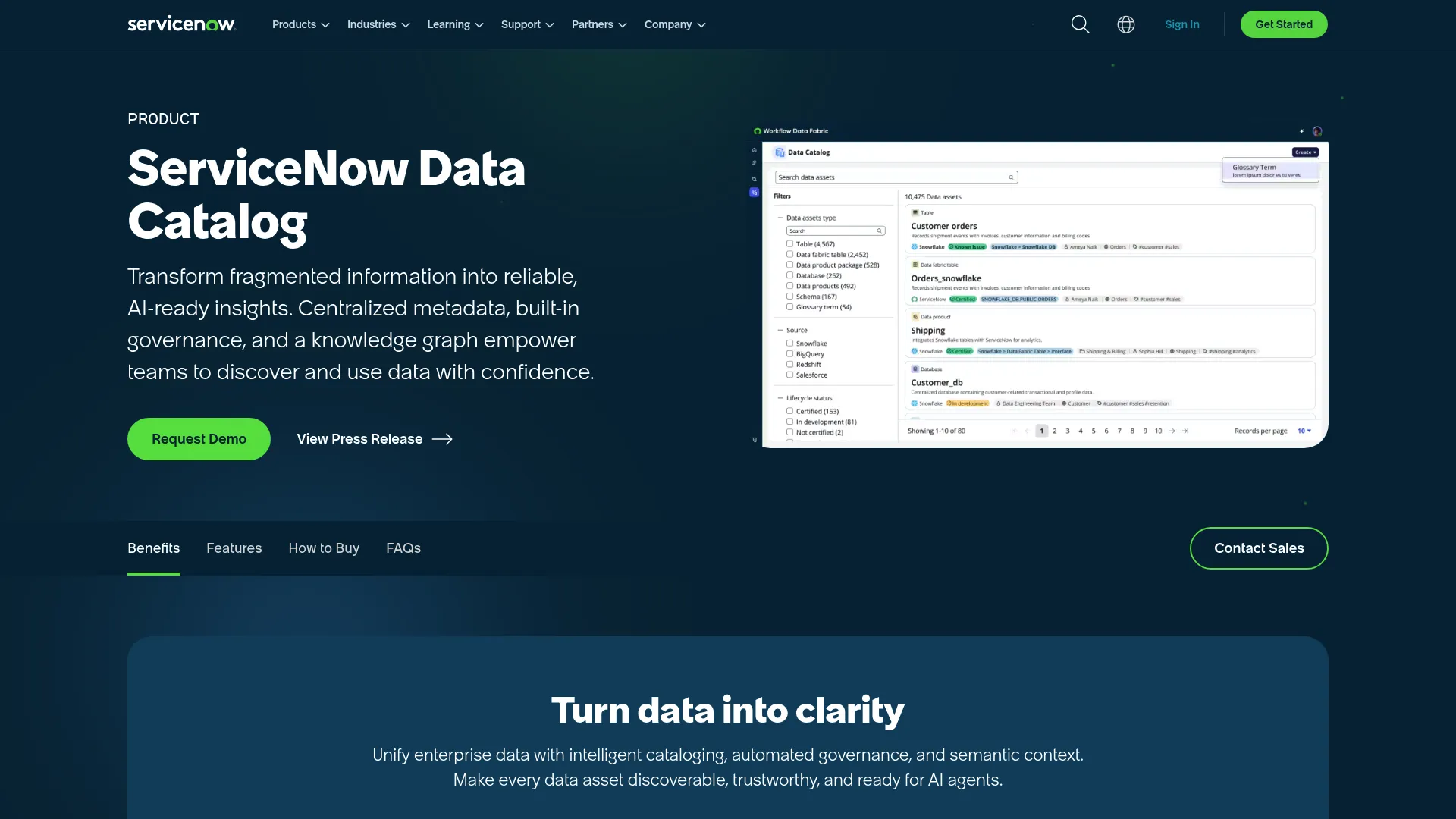 ServiceNow Data Catalog platform homepage