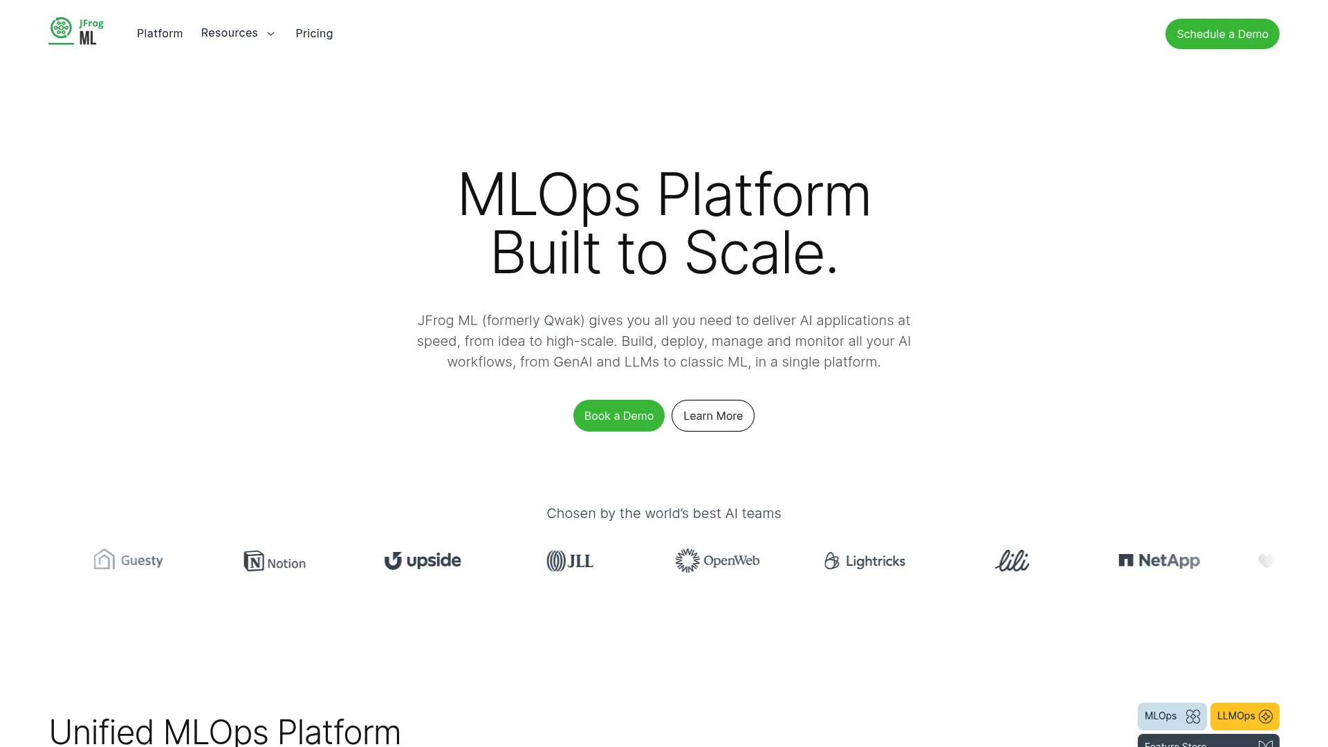 Qwak Feature Store product page for managing ML features
