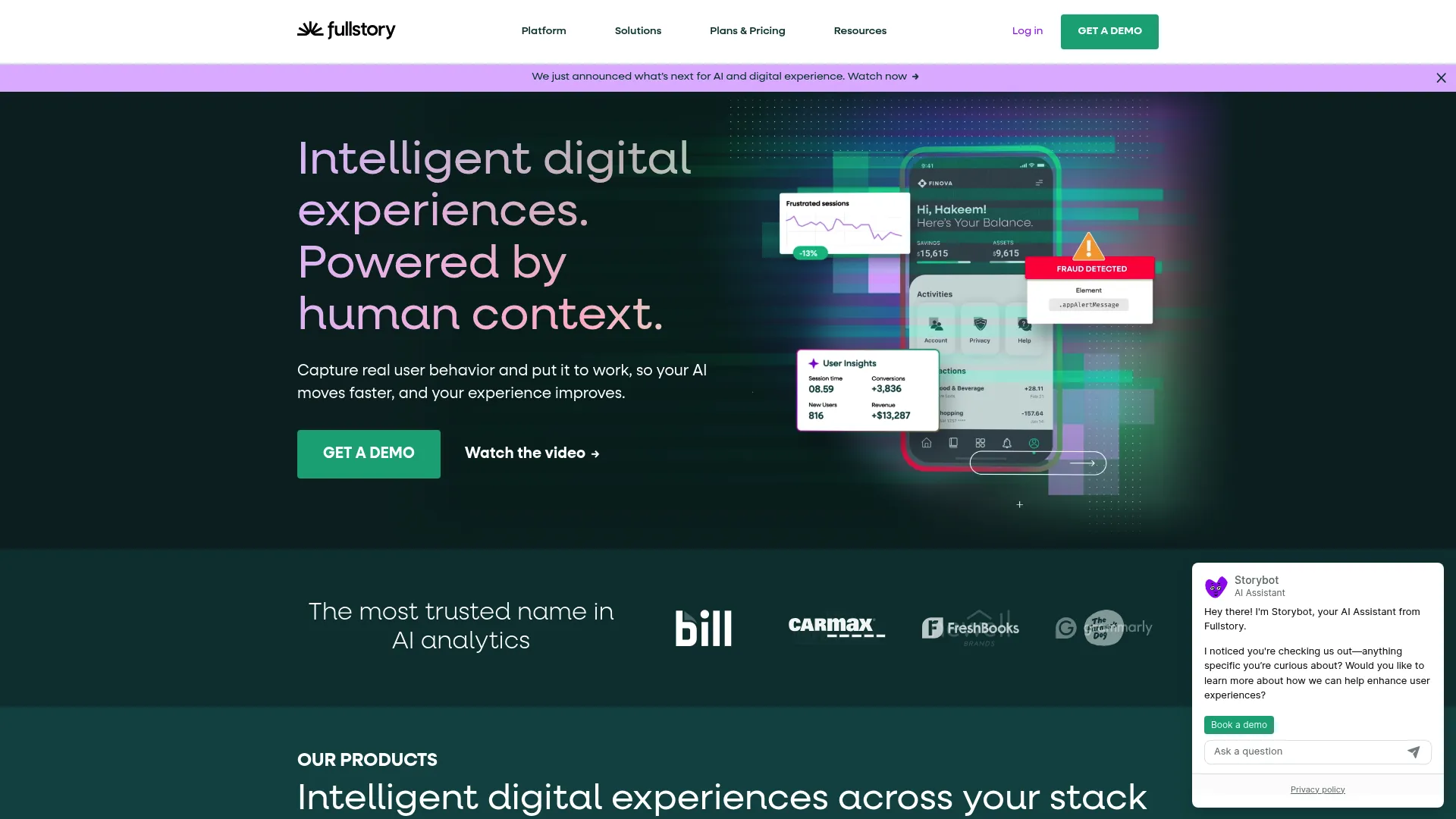 Fullstory behavioral analytics platform homepage