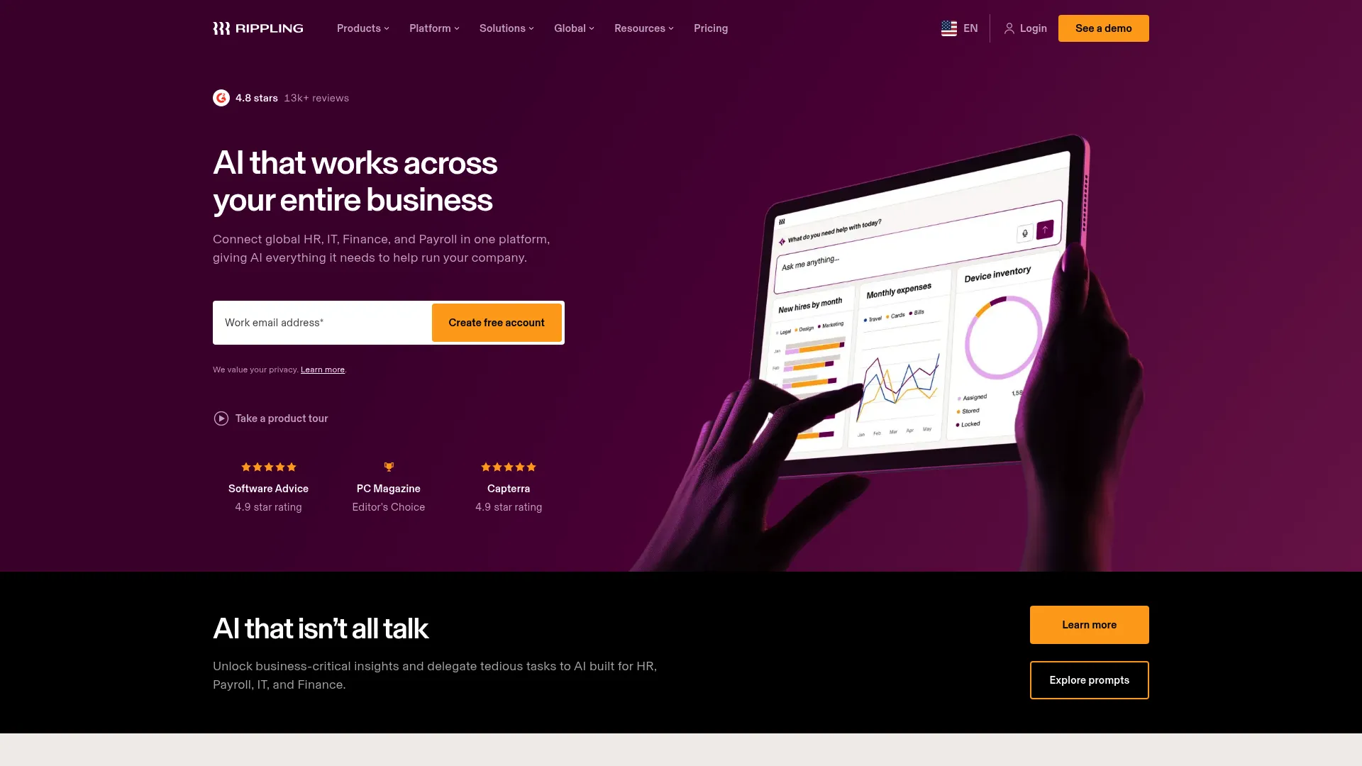 Rippling workforce management platform homepage
