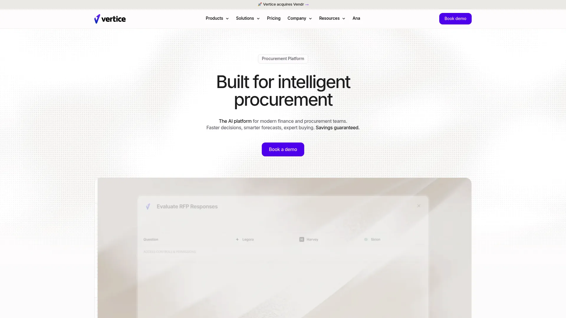Vertice procurement and SaaS spend platform homepage