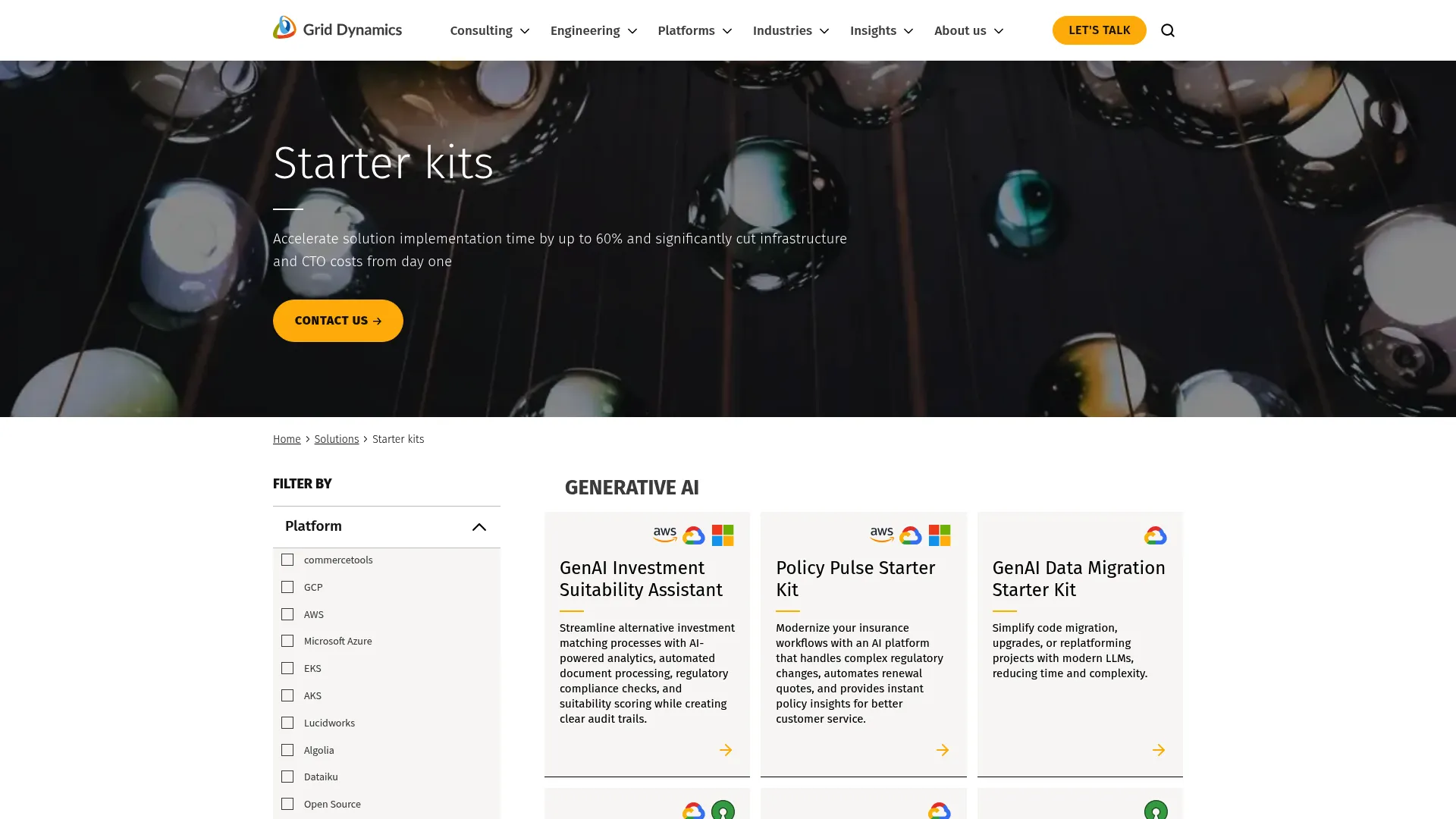 Grid Dynamics starter kit page showing AI pricing reference implementation