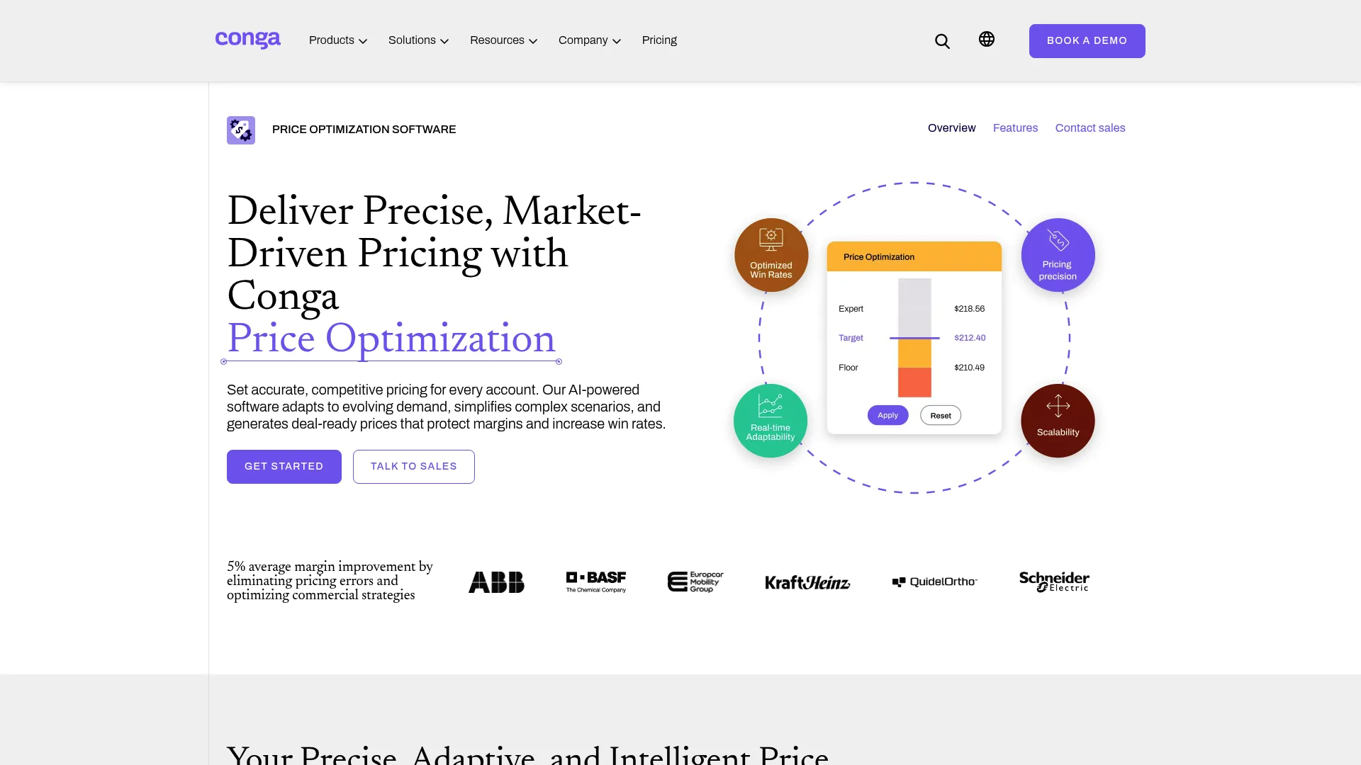 Conga Price Optimization product page showing AI-driven pricing capabilities