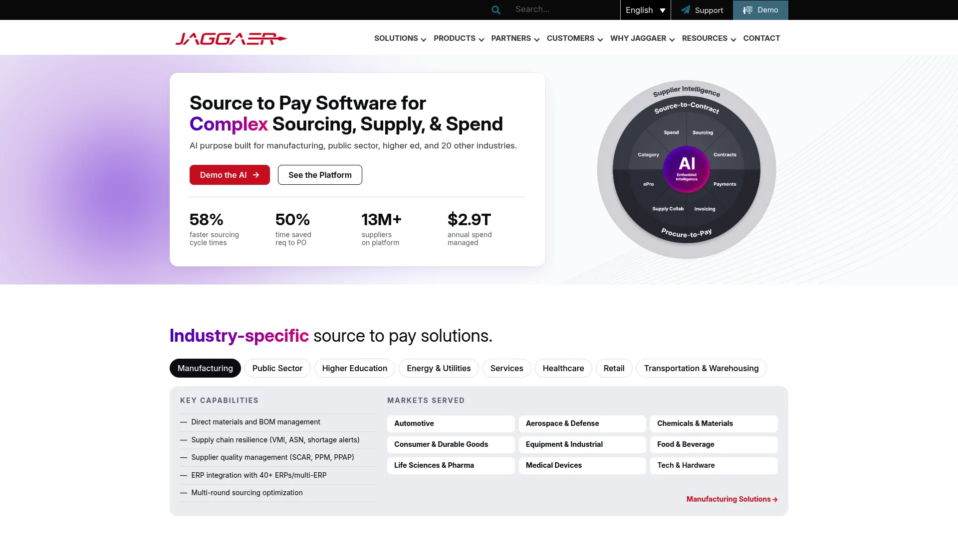 JAGGAER ONE source-to-pay procurement platform homepage