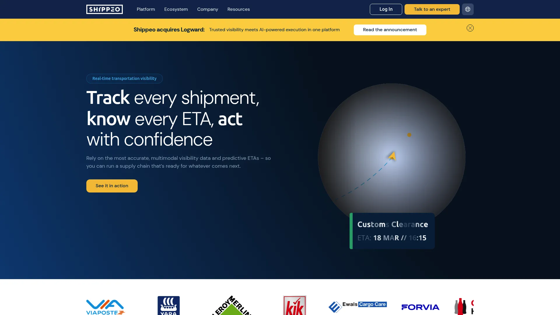 Shippeo real-time transportation visibility platform homepage