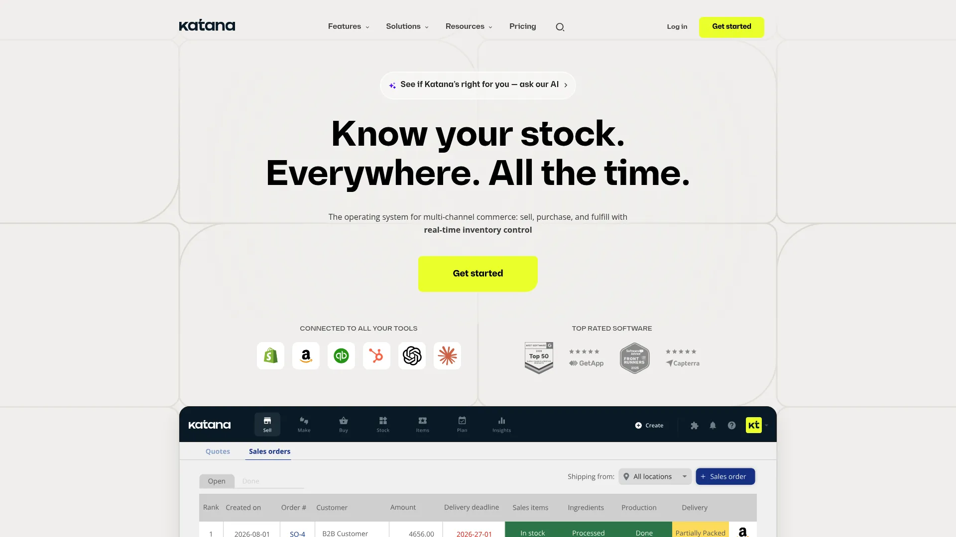 Katana cloud inventory and manufacturing software dashboard