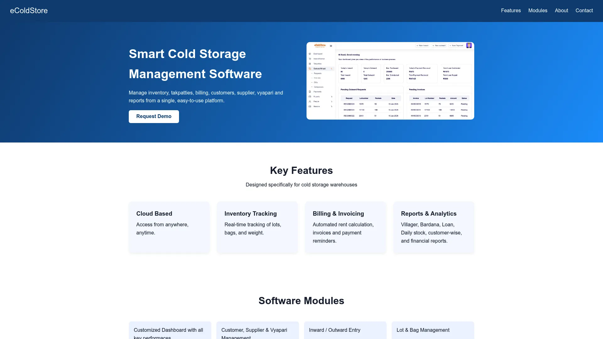 eColdStore cold storage management software interface