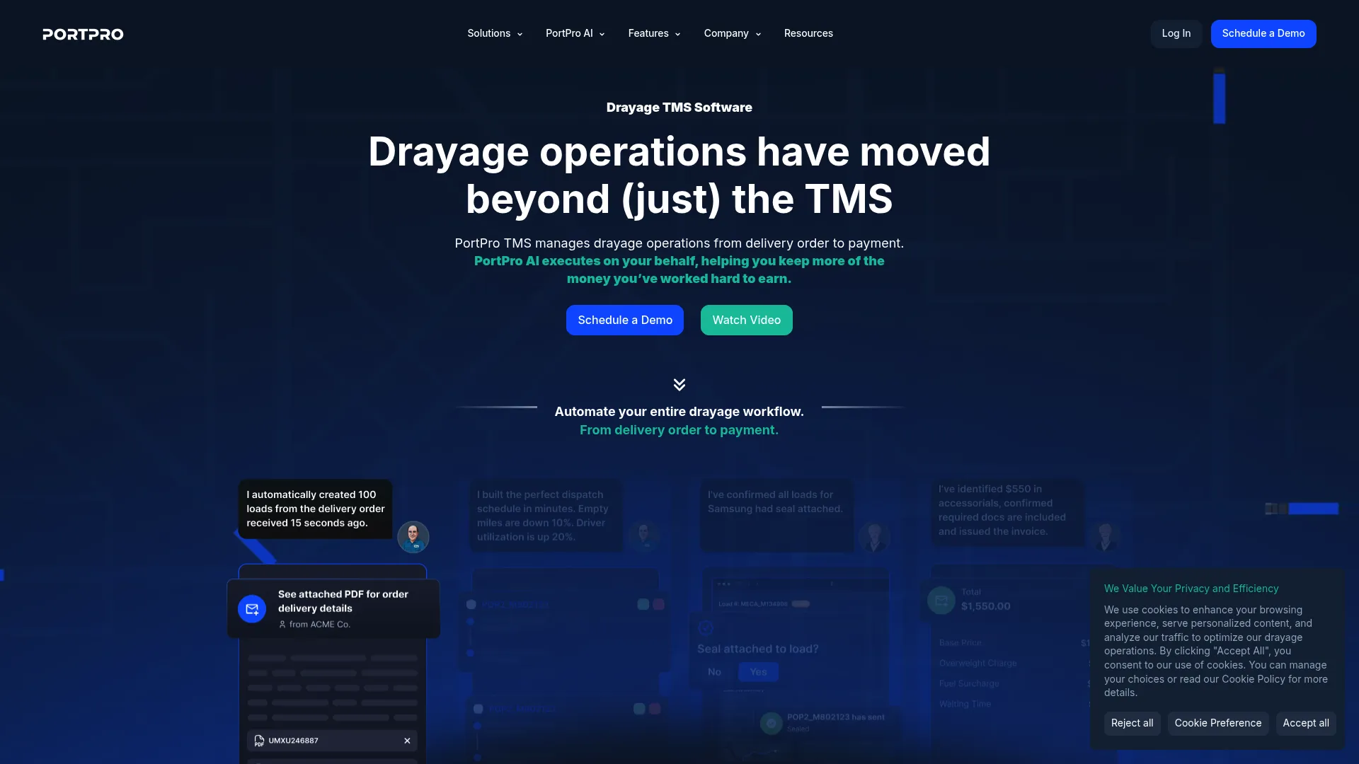 PortPro TMS drayage operations dashboard from order entry to payment