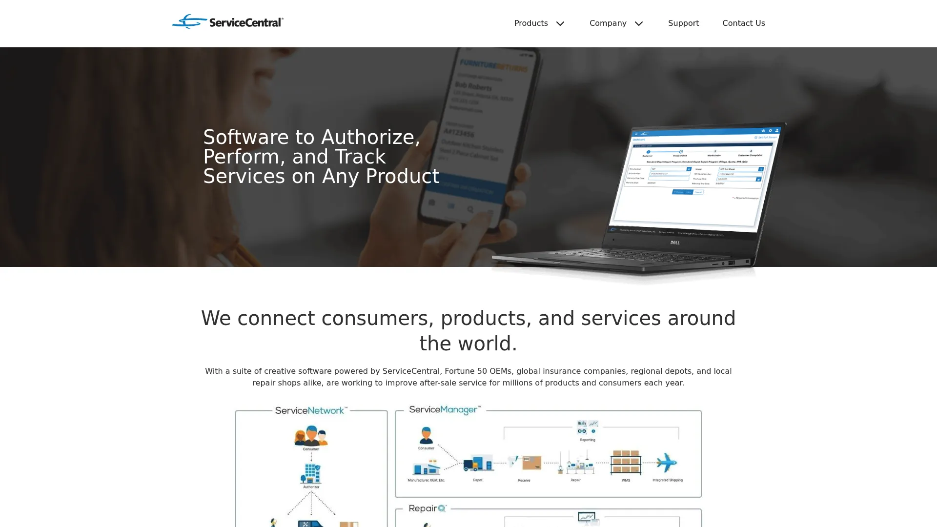 ServiceCentral service and repair management interface
