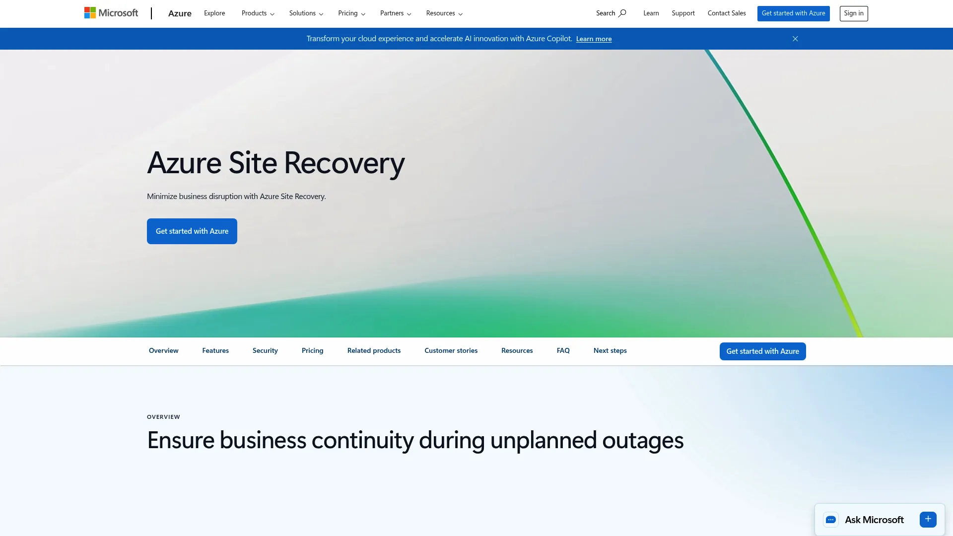 Azure Site Recovery product page
