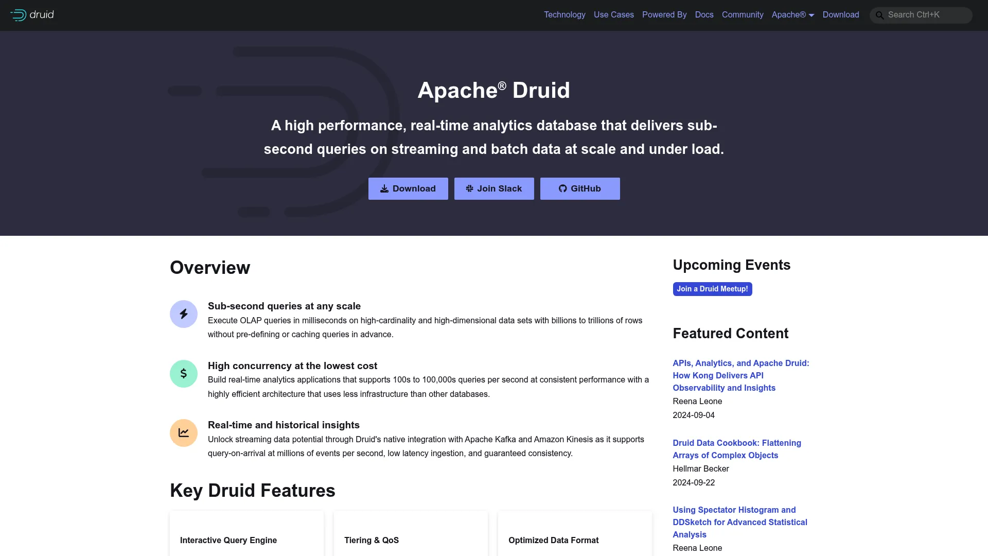 Apache Druid real-time analytics database homepage