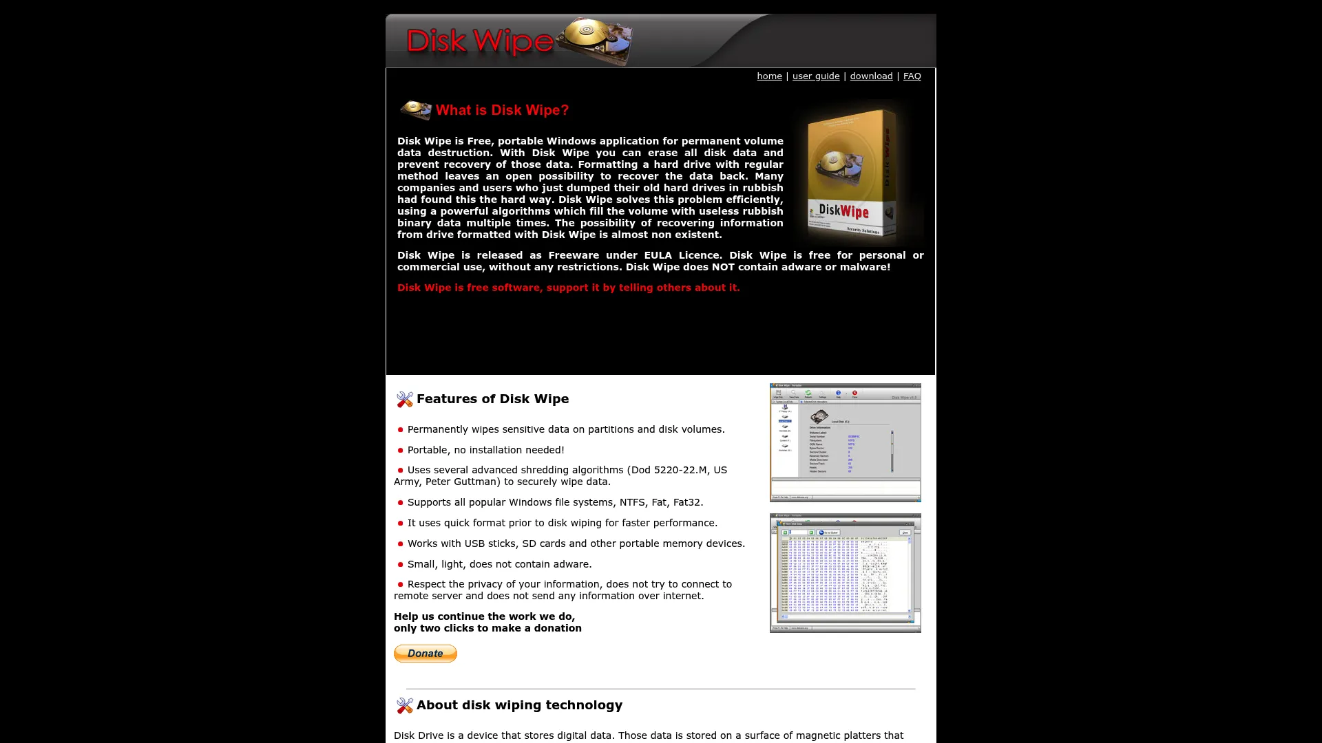 Disk Wipe free portable Windows utility homepage