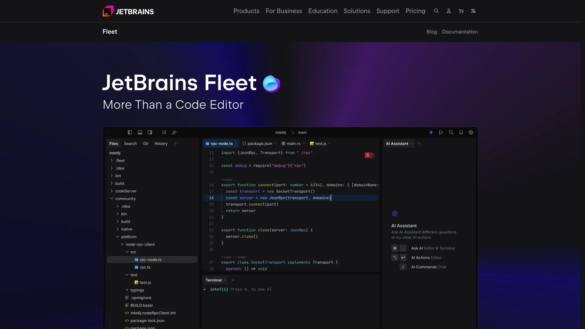 JetBrains Fleet editor showing a clean multi-language coding interface