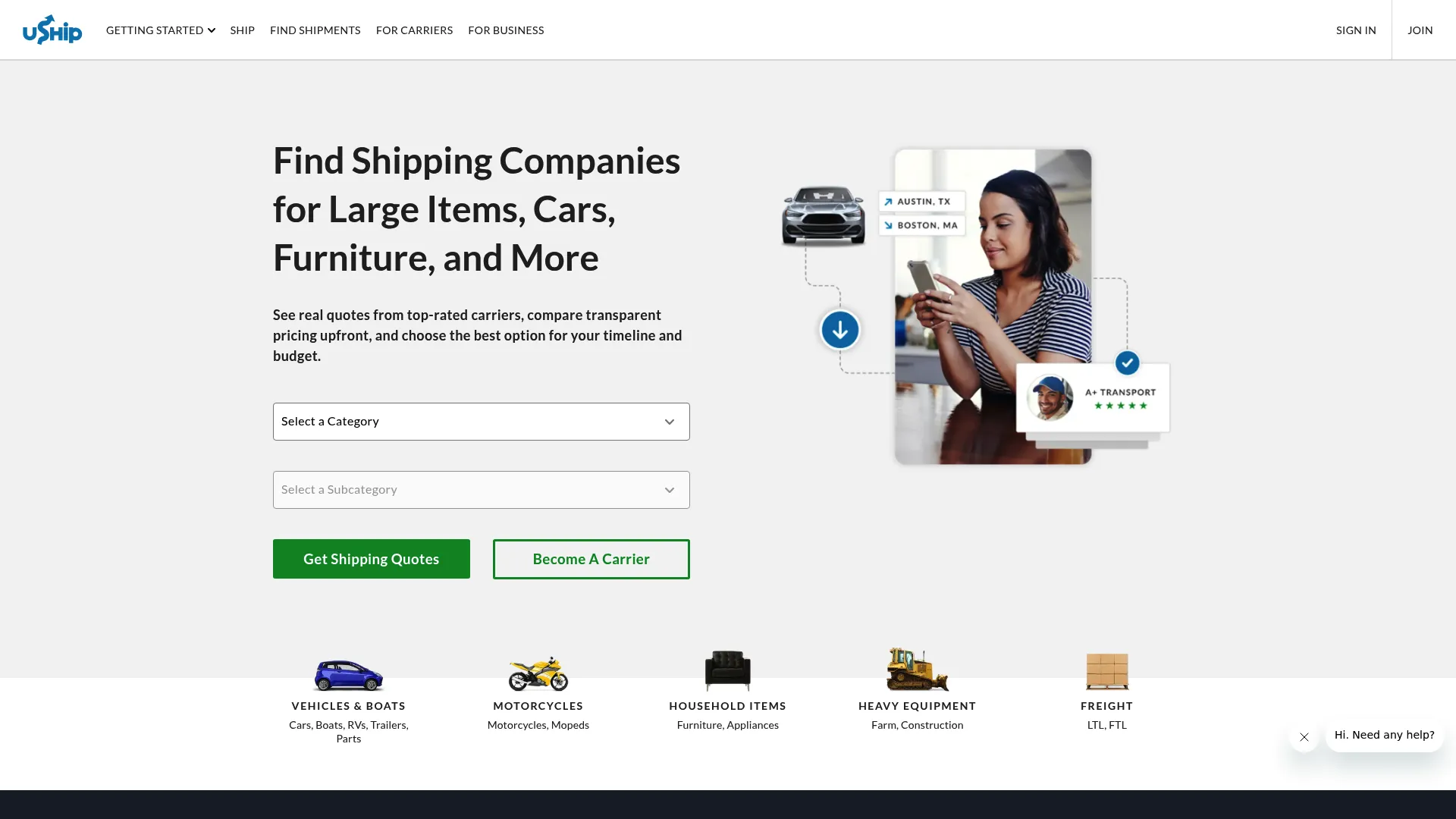 uShip shipping marketplace homepage