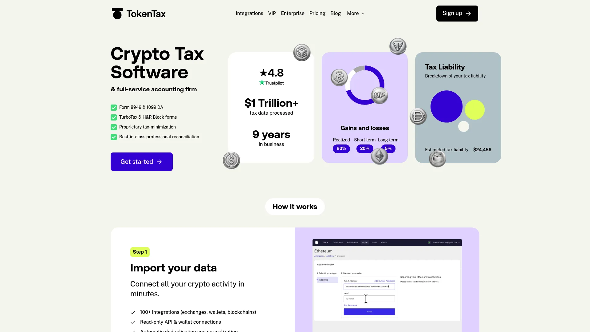 TokenTax crypto tax software and full-service filing homepage