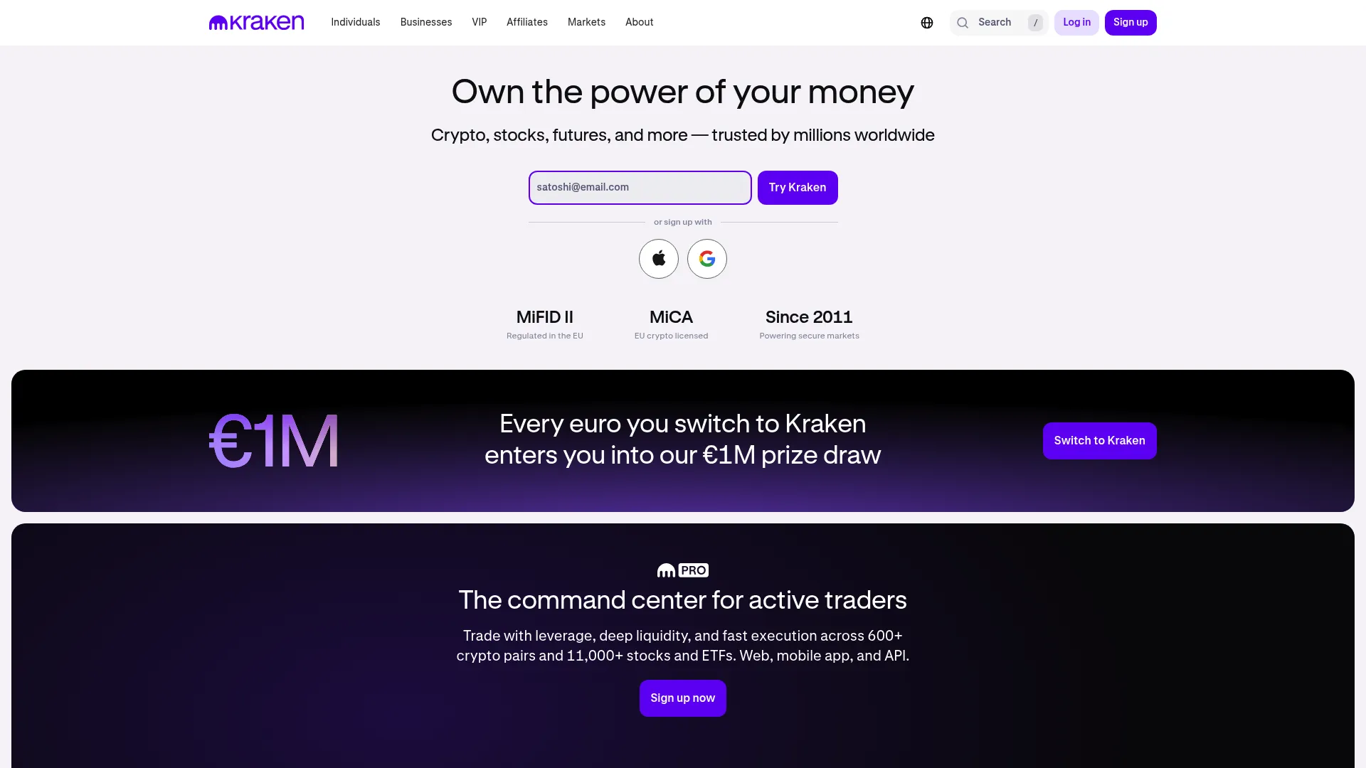 Kraken crypto trading platform homepage