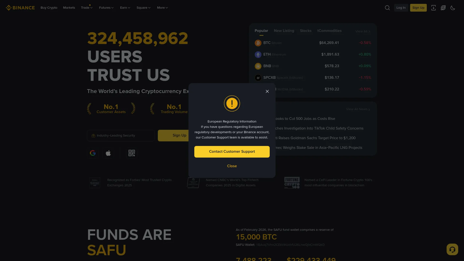 Binance low fee crypto exchange homepage