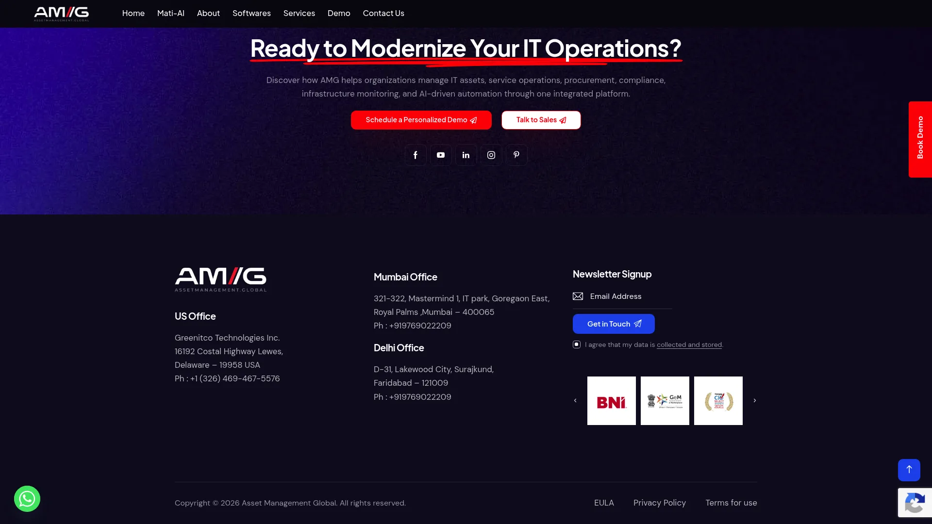 Asset Management Global AMG platform homepage showing IT asset management modules