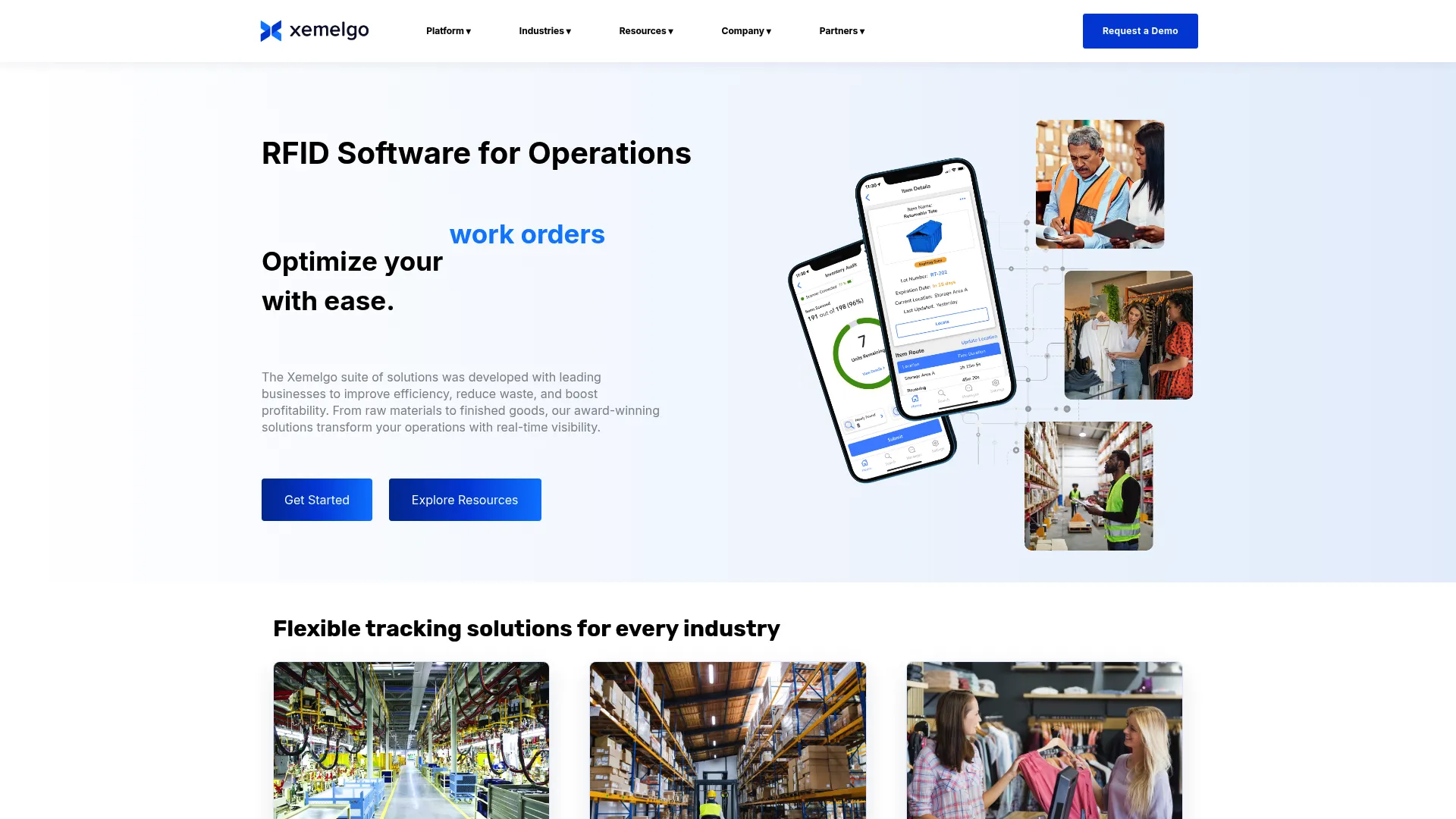 Xemelgo RFID software homepage showing real-time operational visibility