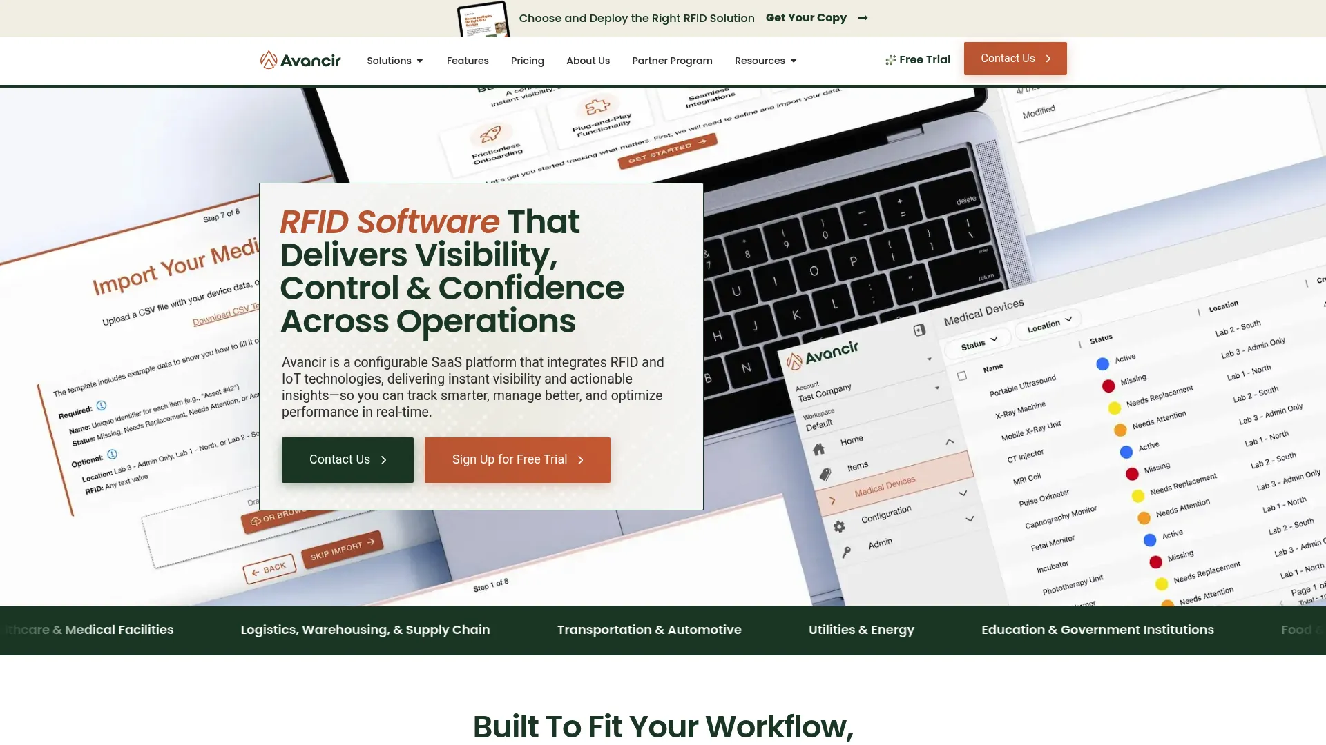 Avancir RFID software homepage showing real-time tracking and workflow automation