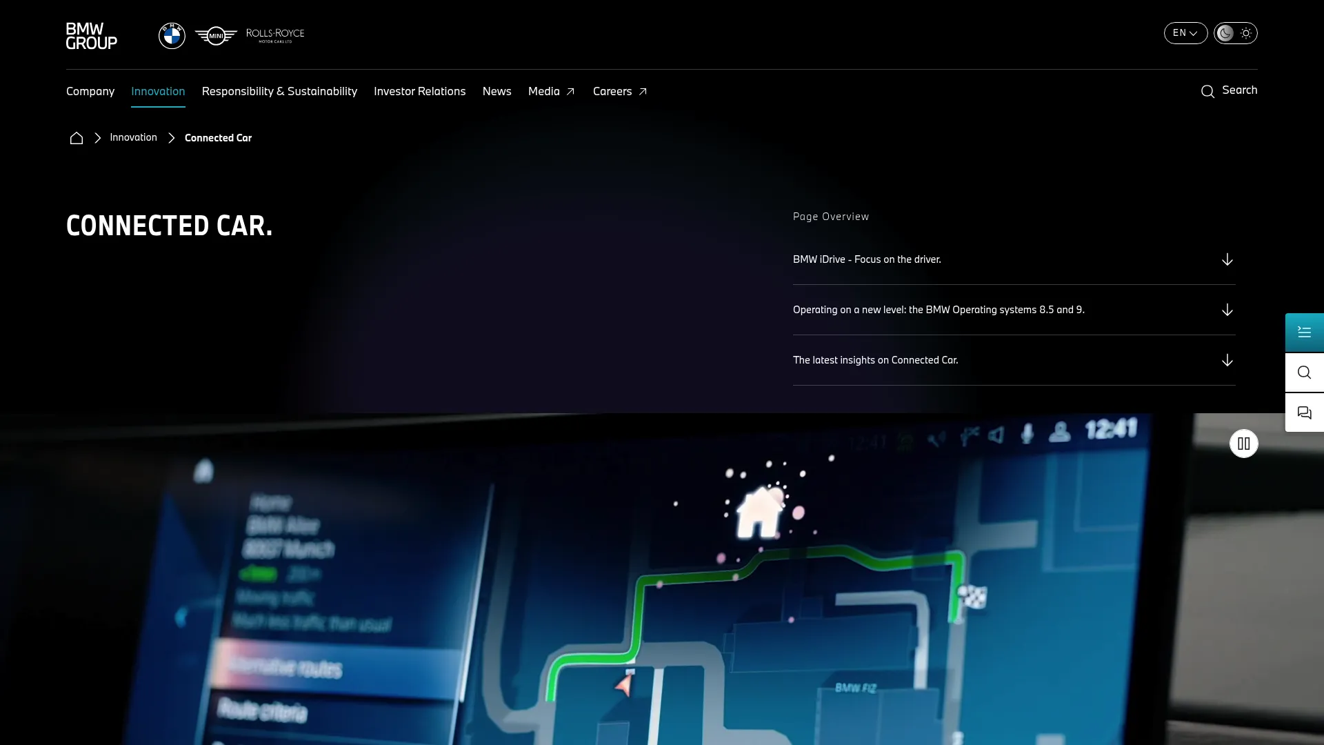 BMW Group Connected Car Technology page showing connected vehicle features and the BMW Cloud