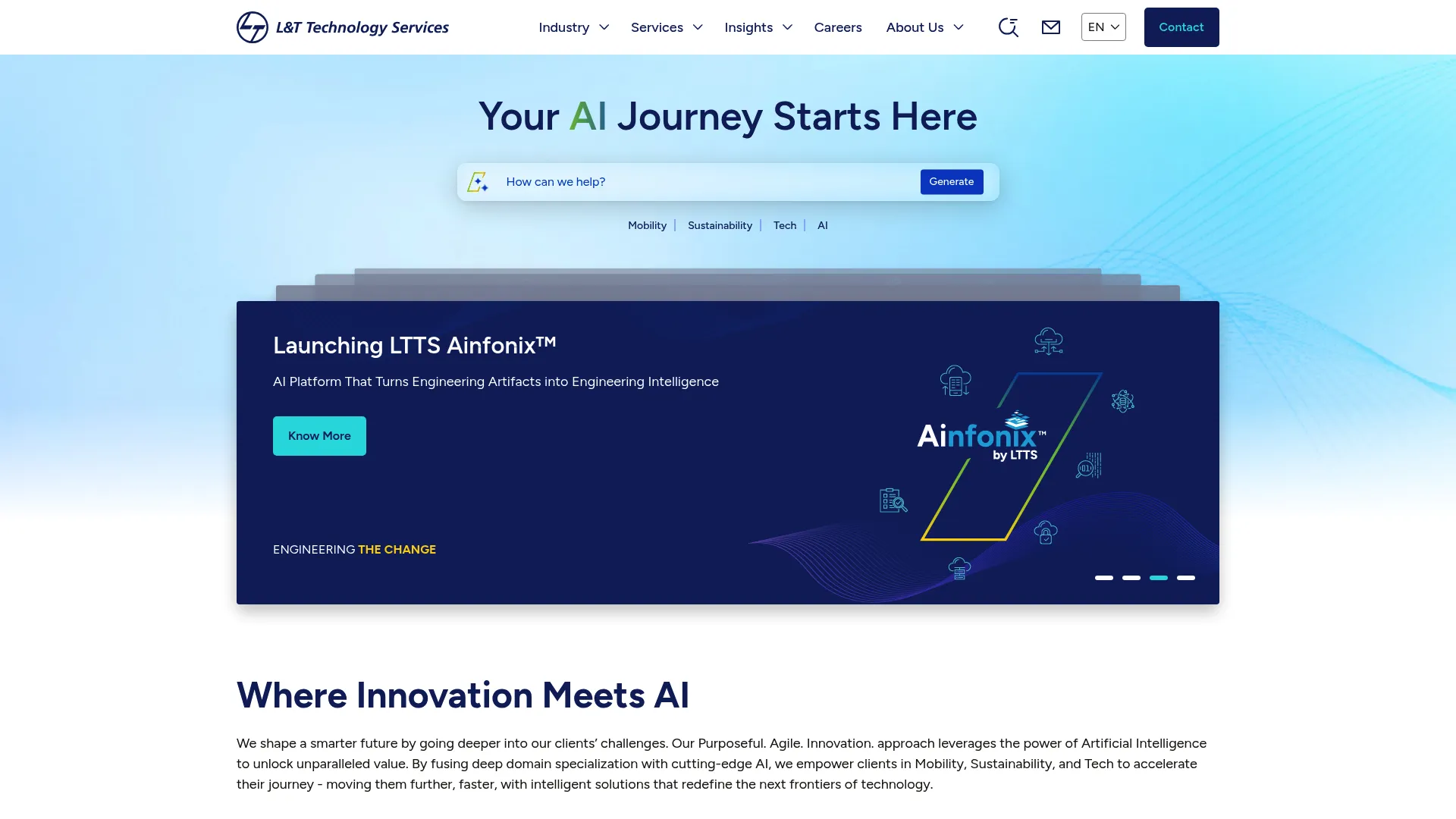 LTTS engineering and R&D services homepage covering connected mobility, telematics, and digital engineering