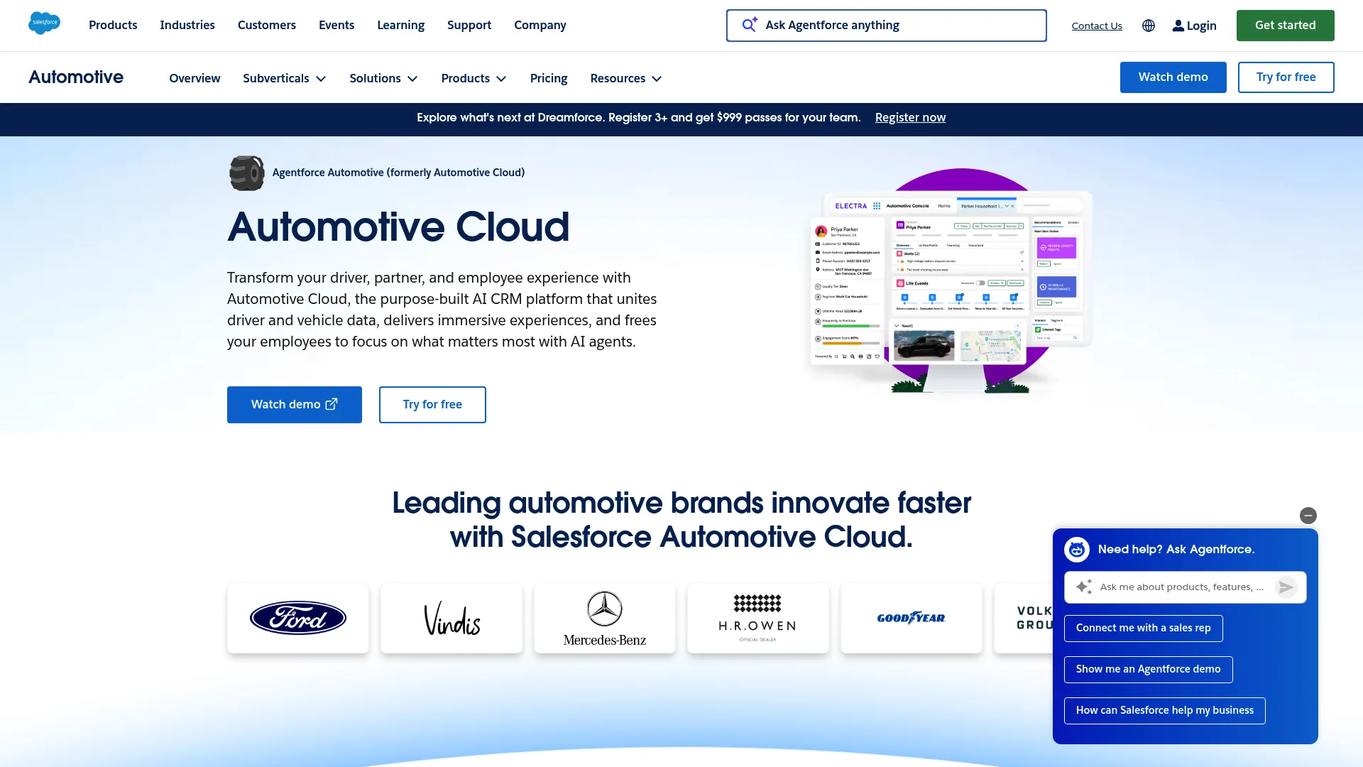 Salesforce Automotive Cloud page showing unified driver and vehicle data for OEMs and dealers