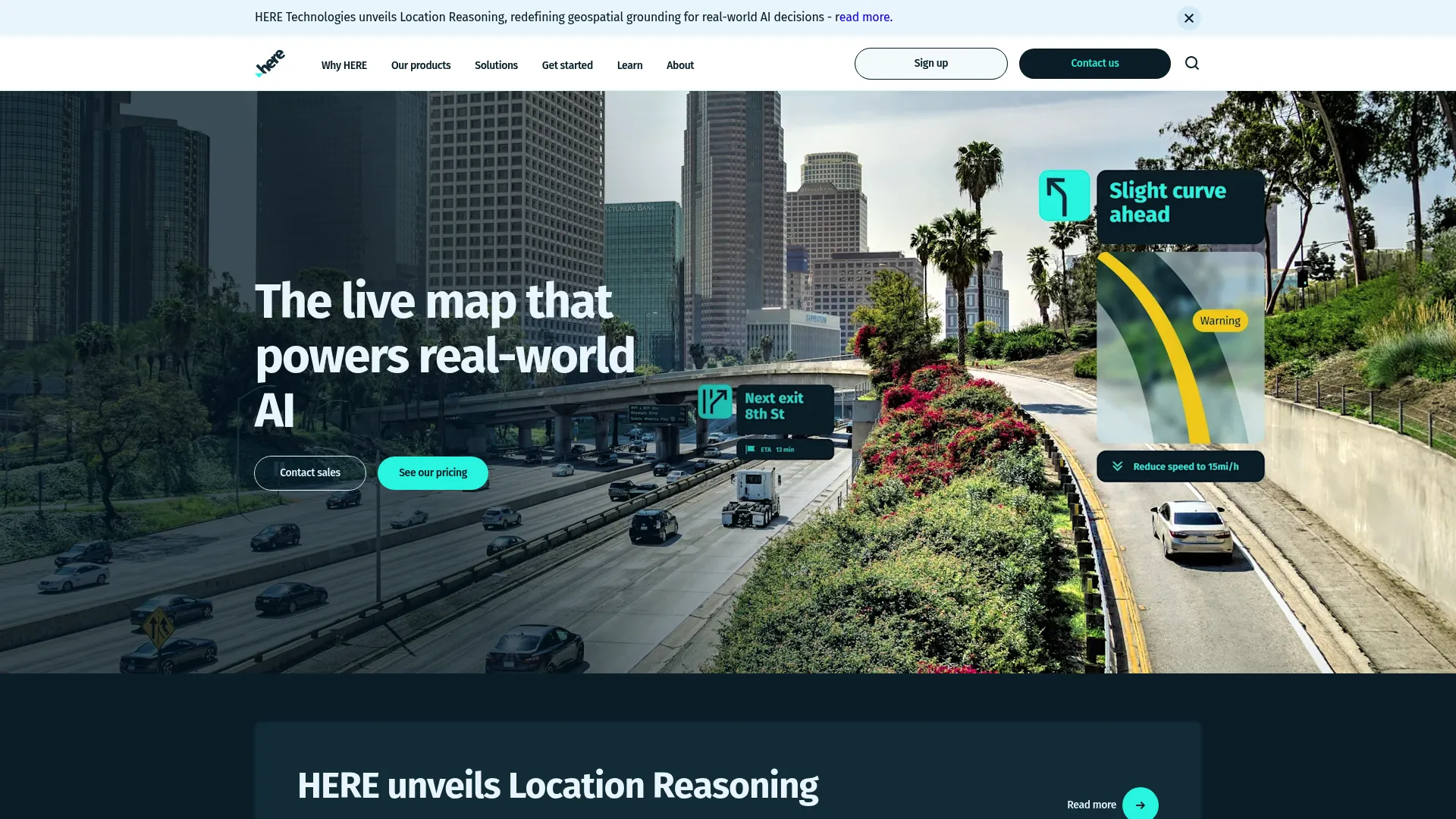 HERE location platform homepage showing maps, routing, and location intelligence for connected vehicles