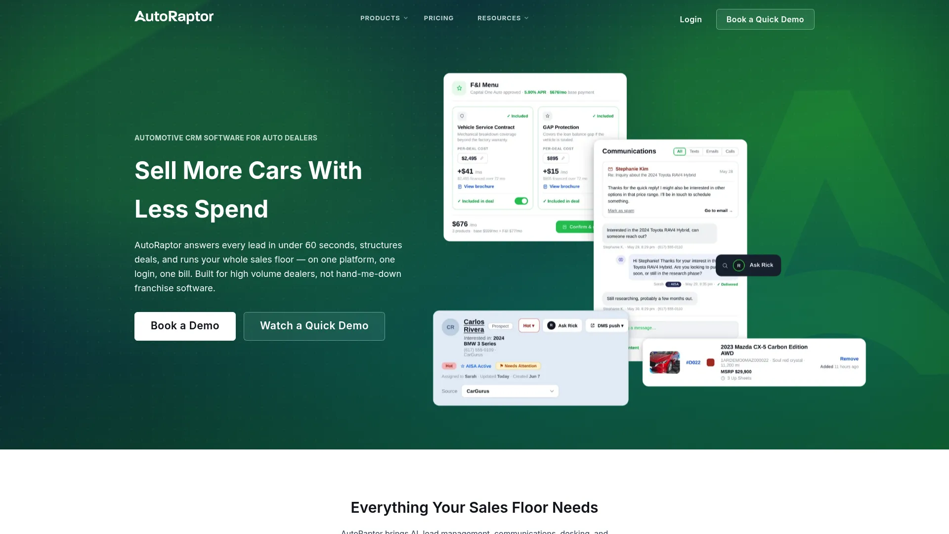 AutoRaptor CRM automotive CRM homepage