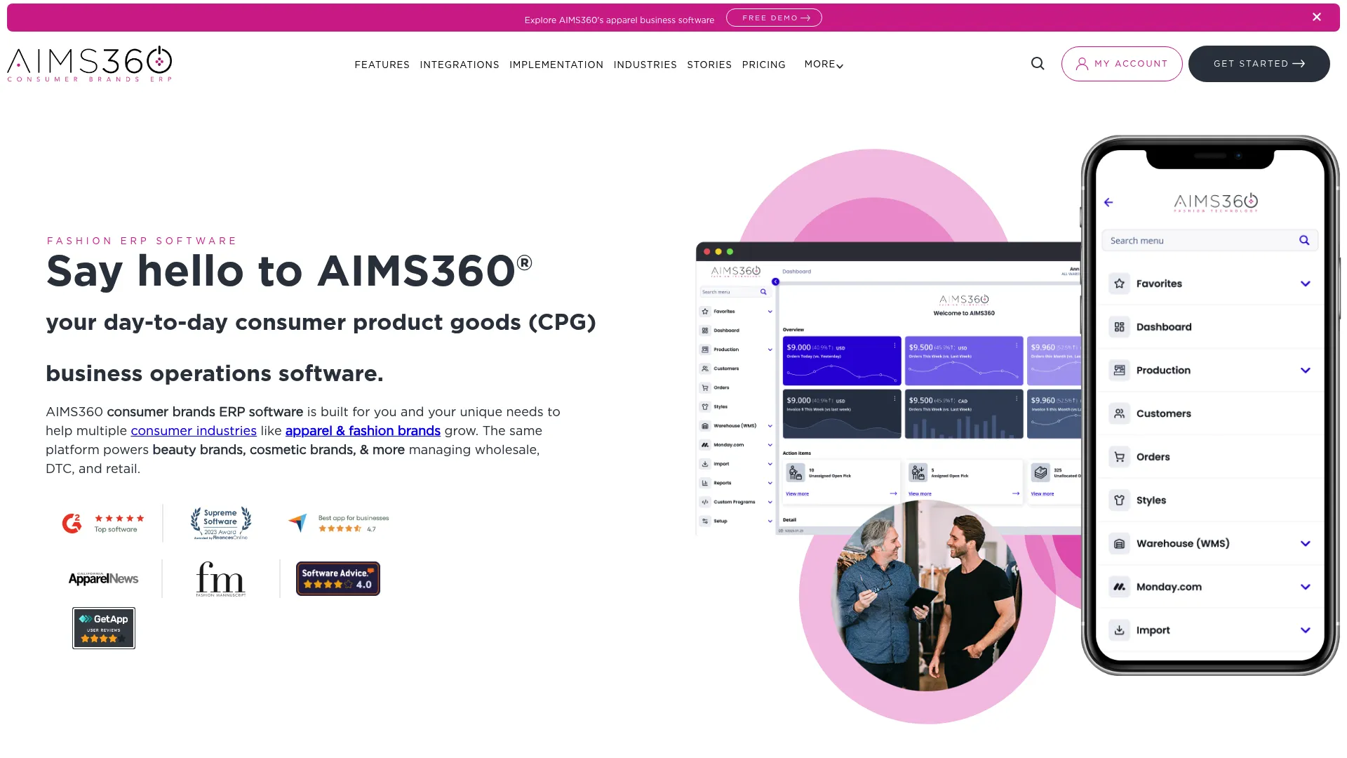 AIMS 360 apparel management software homepage