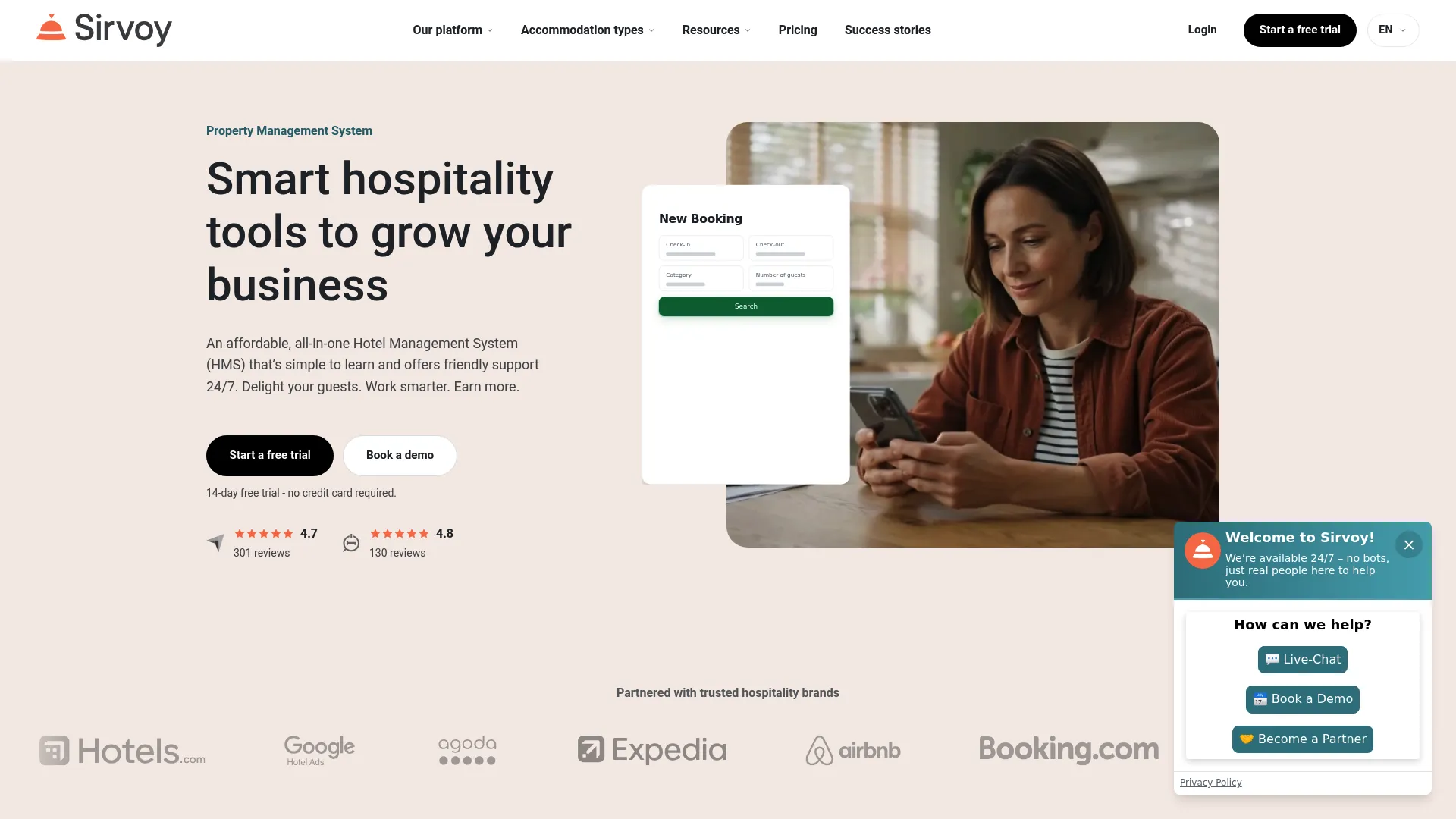 Sirvoy property management software homepage