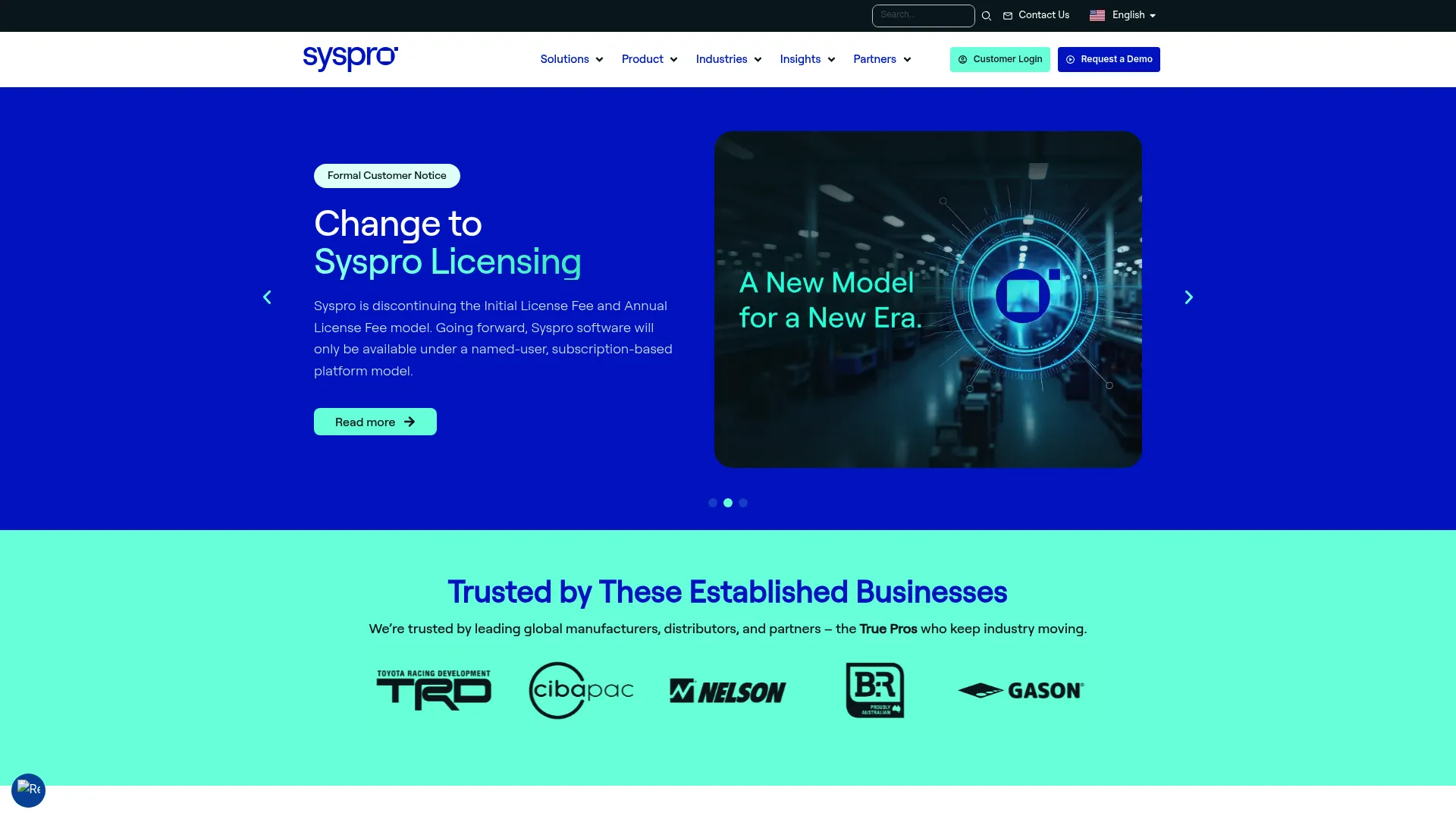 SYSPRO ERP homepage showing its platform for manufacturers and distributors
