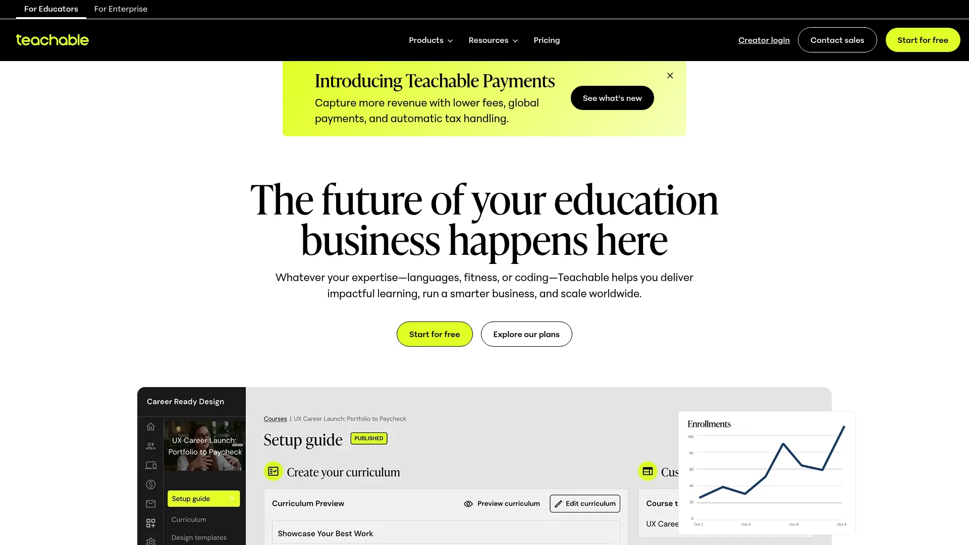Teachable online course platform homepage