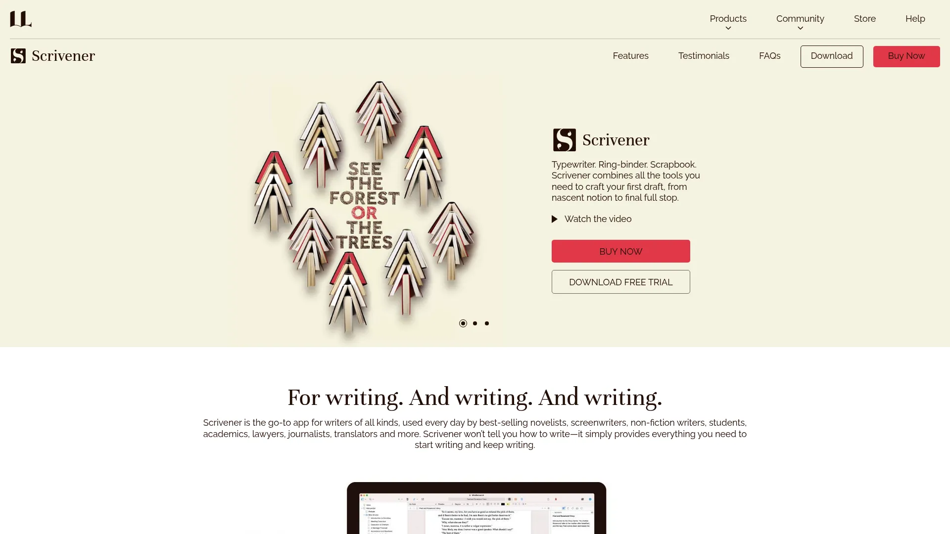 Scrivener long-form writing software with binder and corkboard