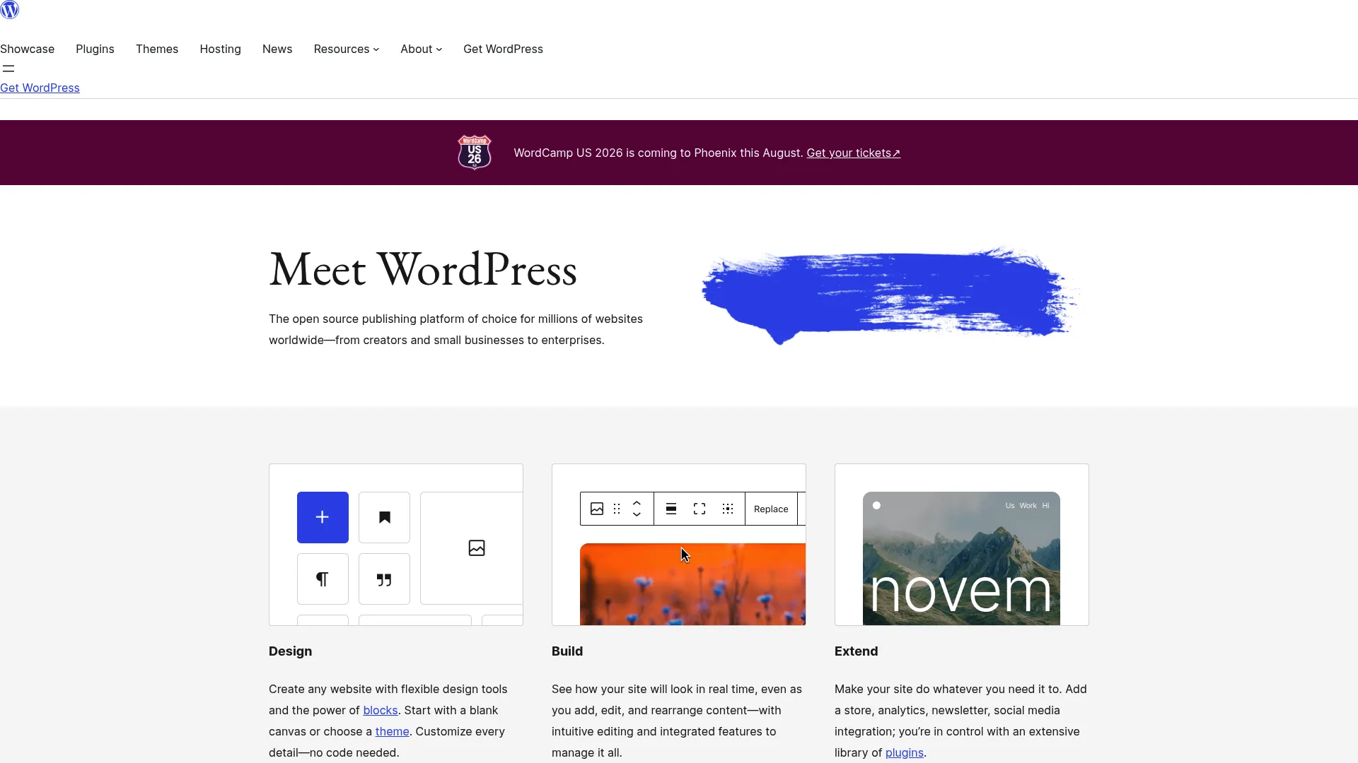 WordPress open-source CMS homepage