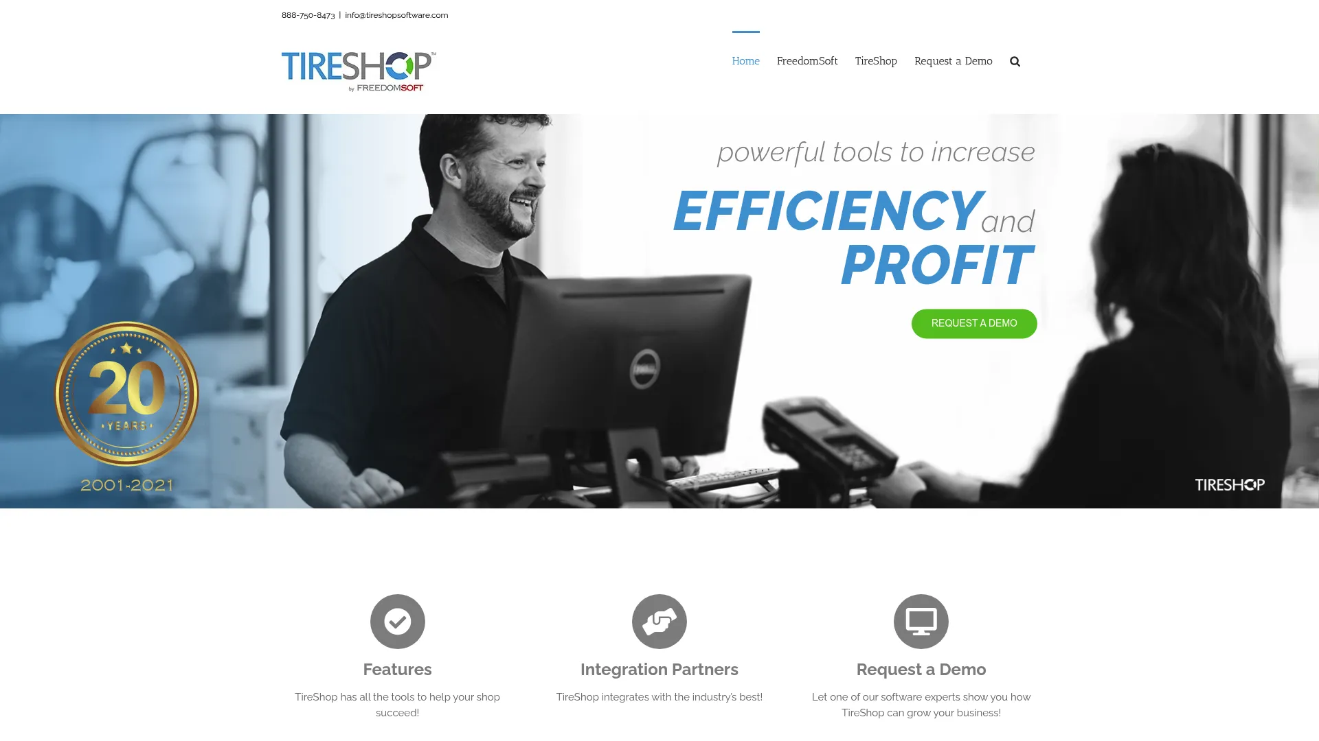 Tire Shop Software homepage showing shop management features