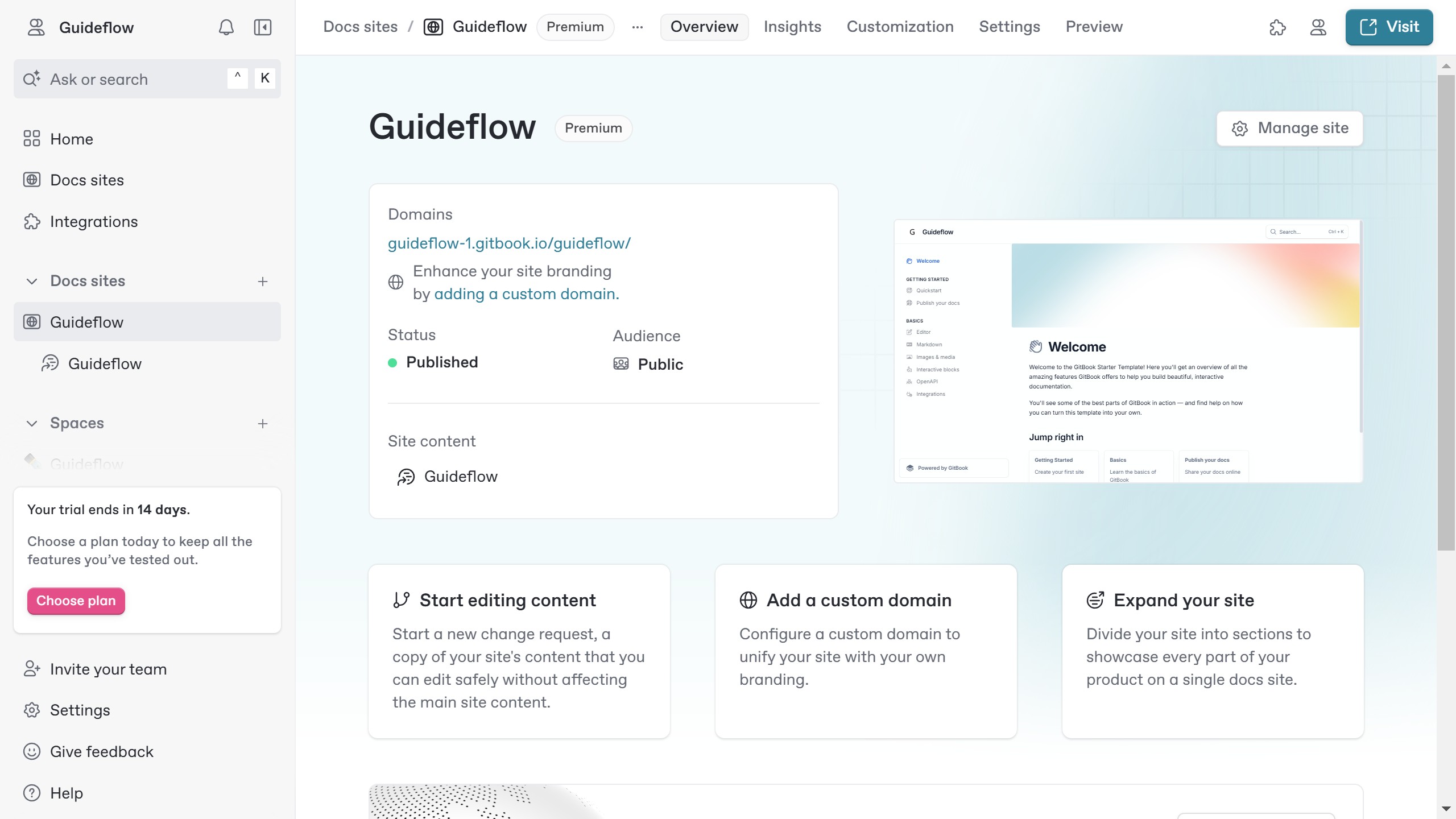 How to create a share link for your docs site in Gitbook